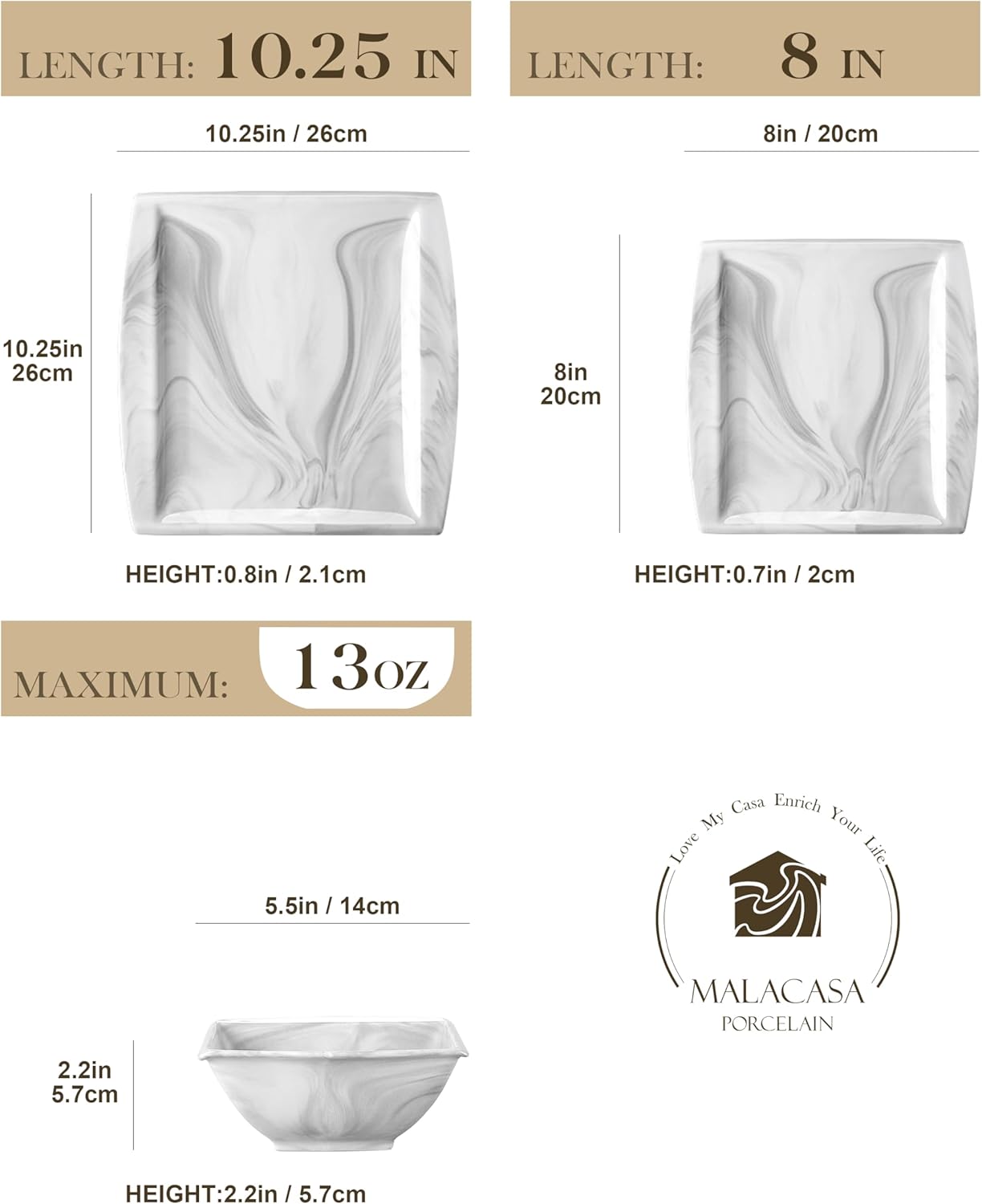 MALACASA Plates and Bowls Sets, 12-Piece Porcelain Dinnerware Sets for 4, Square Plates and Bowls for Dessert, Salad and Soup, Ceramic Dishes Dining Dishware Set, Marble Grey, Series Blance