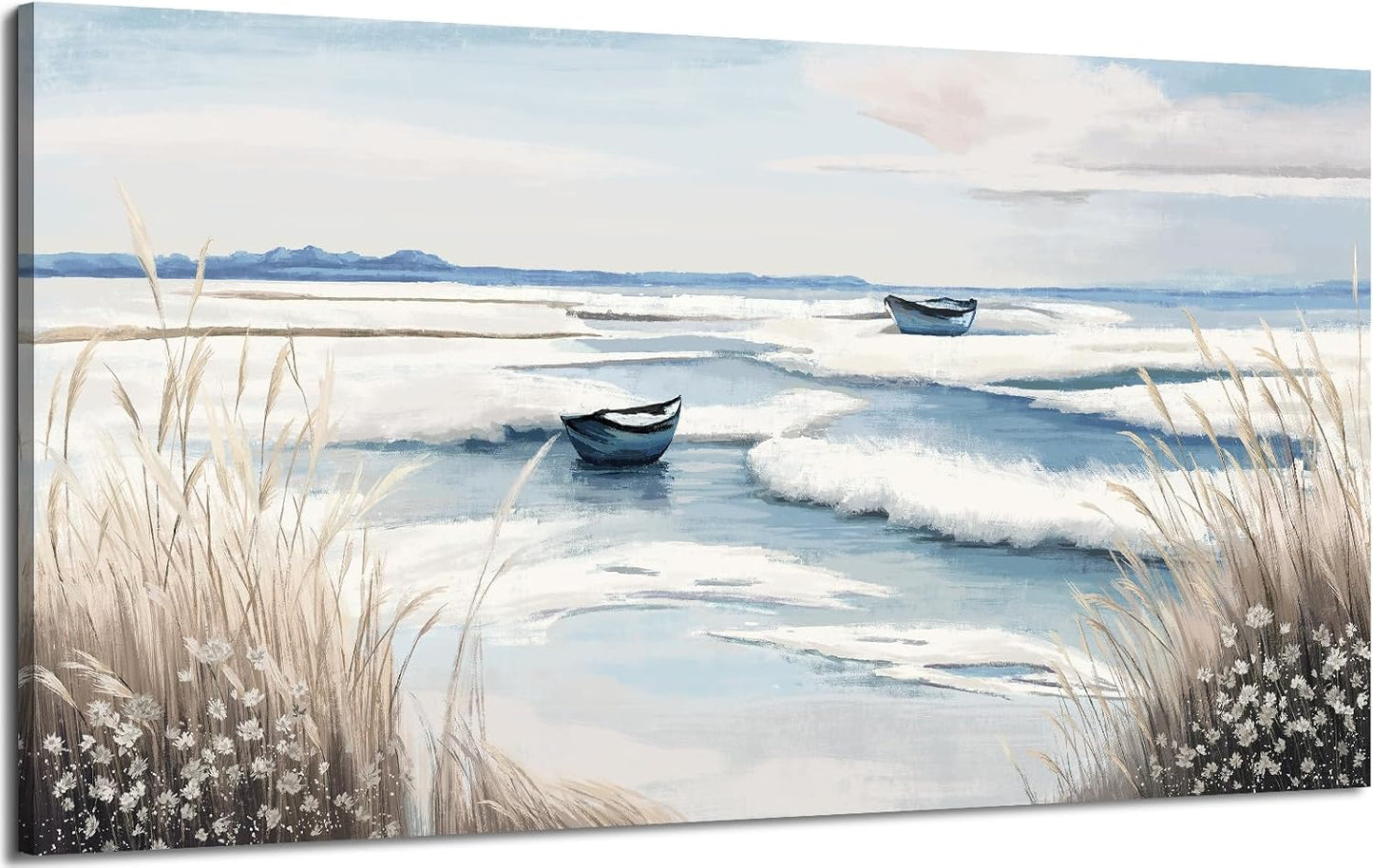 amatop Large Canvas Art Wall Decor for Bedroom Living Room –Rustic Coastal Ocean Artwork for Walls with Sailboat and Waves – Blue and White Nautical Beach Seascape Canvas Print 48x24 Inch