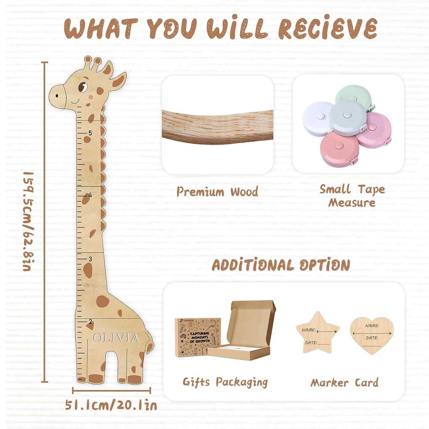 Personalized Name Kids Growth Chart for Wall, Cute Giraffe Wooden Growth Chart Kids Height Chart, Wall Measurement for Kids, Height Chart for Wall, Growth Ruler for Children