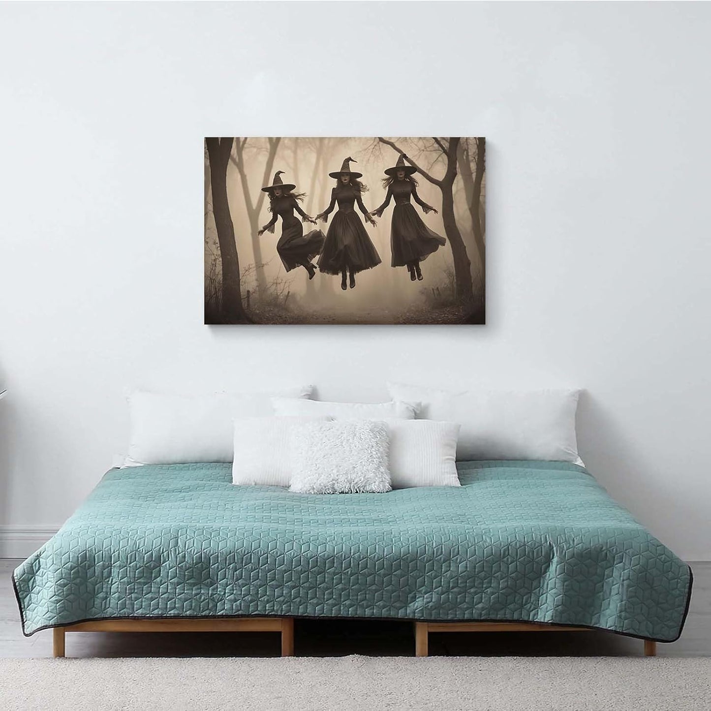 JFHCQJPK Three ghost witches flying in vintage forest gothic wall art witchcraft decoration holiday gift canvas wall art print20x30in Frameless