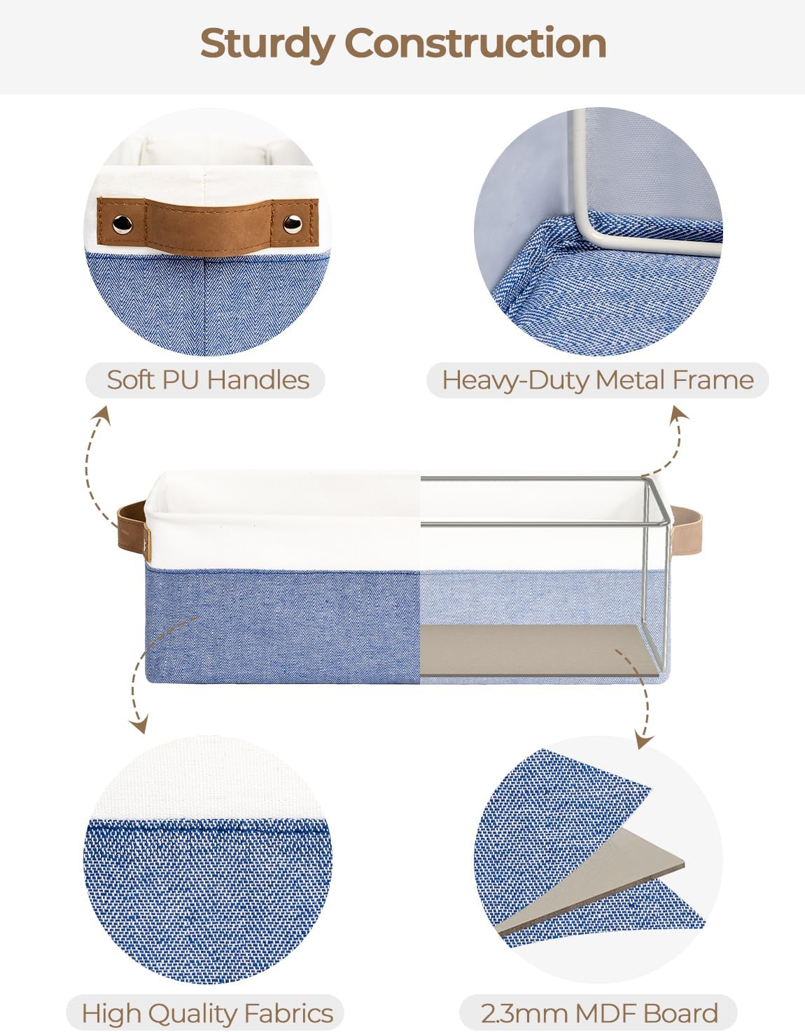 StorageWorks Narrow Storage Bins, Small Basket for Closet and Shelves, Fabric Organizer with Handles, Toilet Paper Storage, Blue and White, 2-Pack