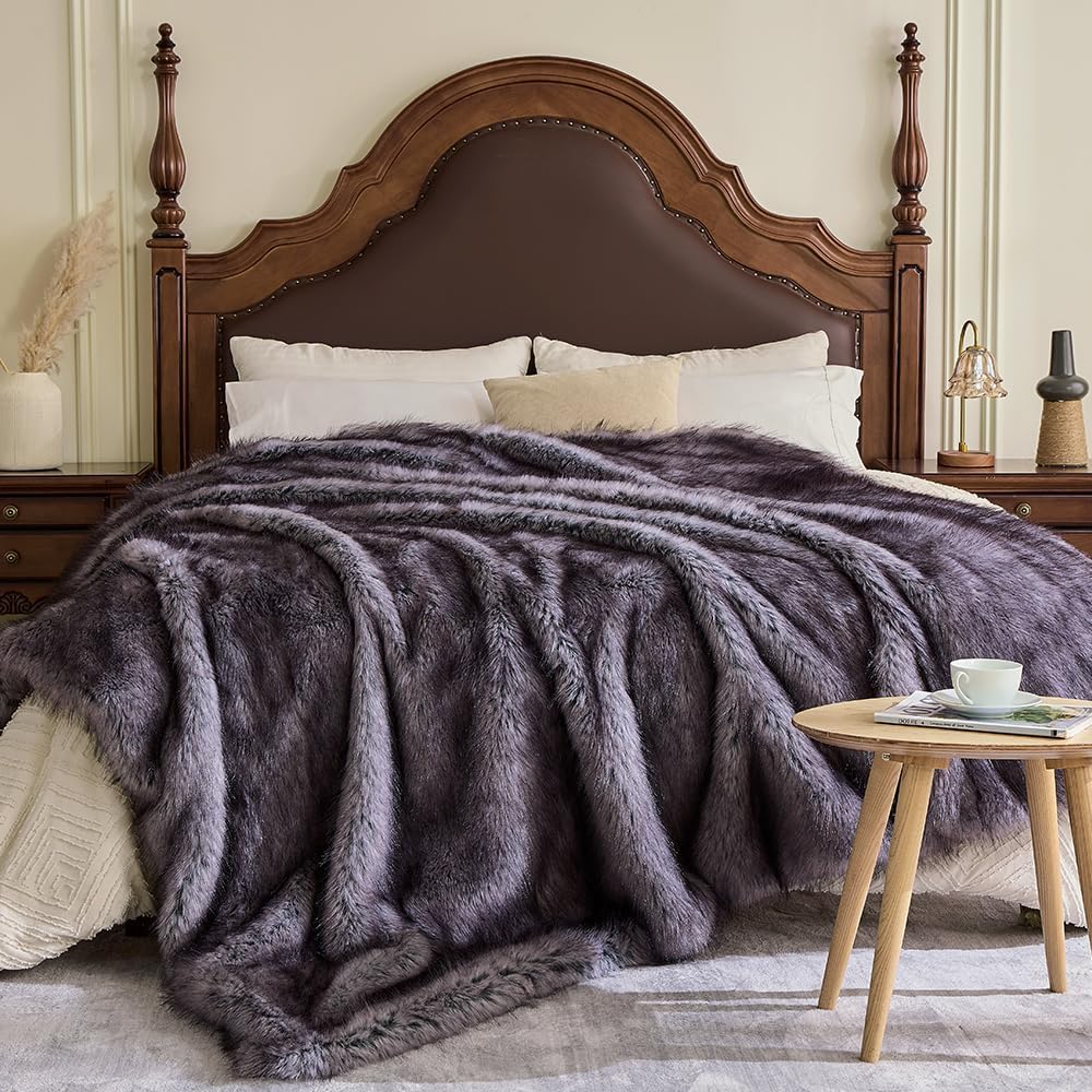 Fluffy Faux Fur Throw Blanket – Super Soft Warm Thick Plush Blanket for Bed, Couch & Office, Cozy Fuzzy Throw with Flannel Backing,90"x90", Grey