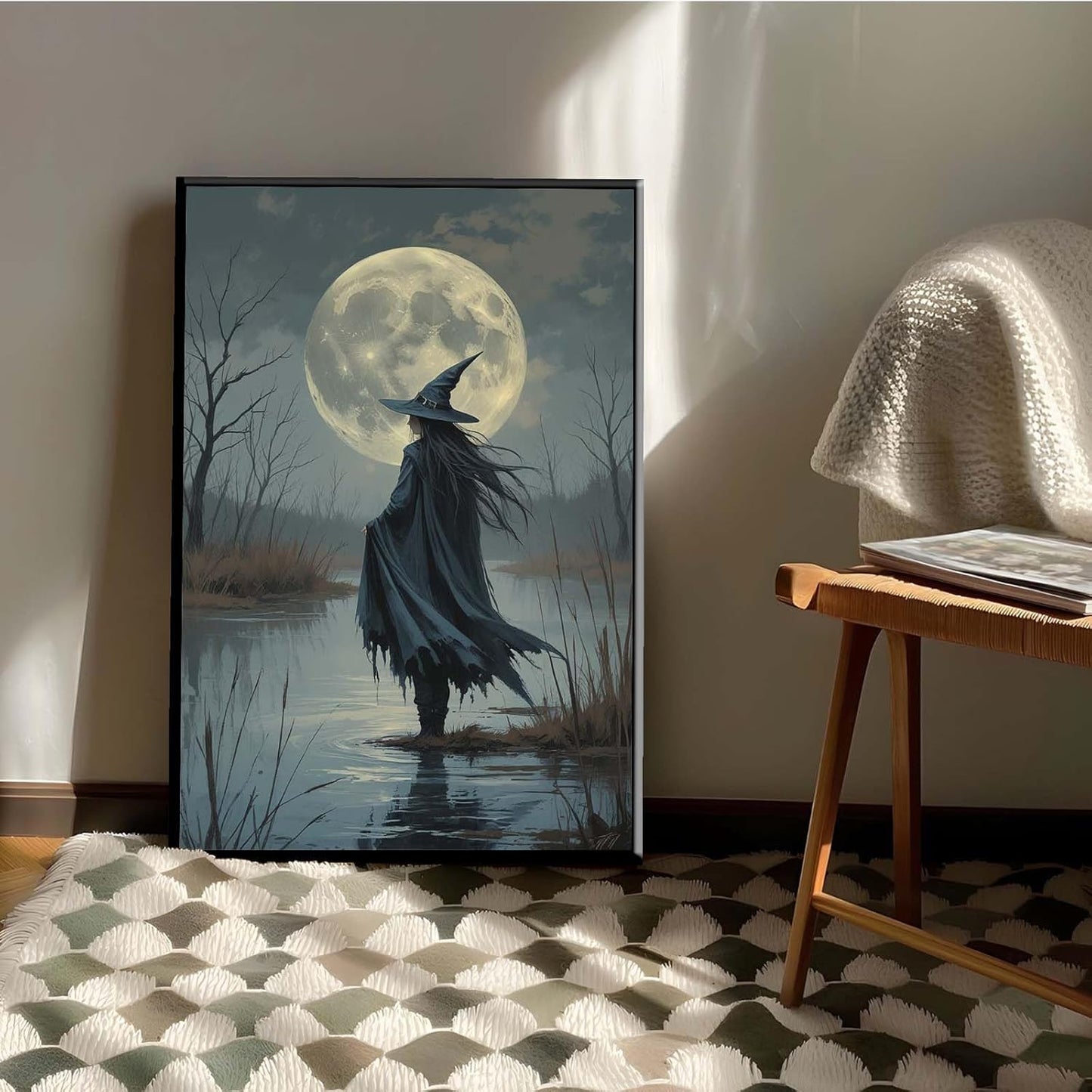 JFHCQJPK Witch in the moonlight magic canvas wall art enchanting Halloween home decor swamp witch silhouette oil painting mysterious gothic aesthetic wall decor print poster20x30in Metal blackFramed