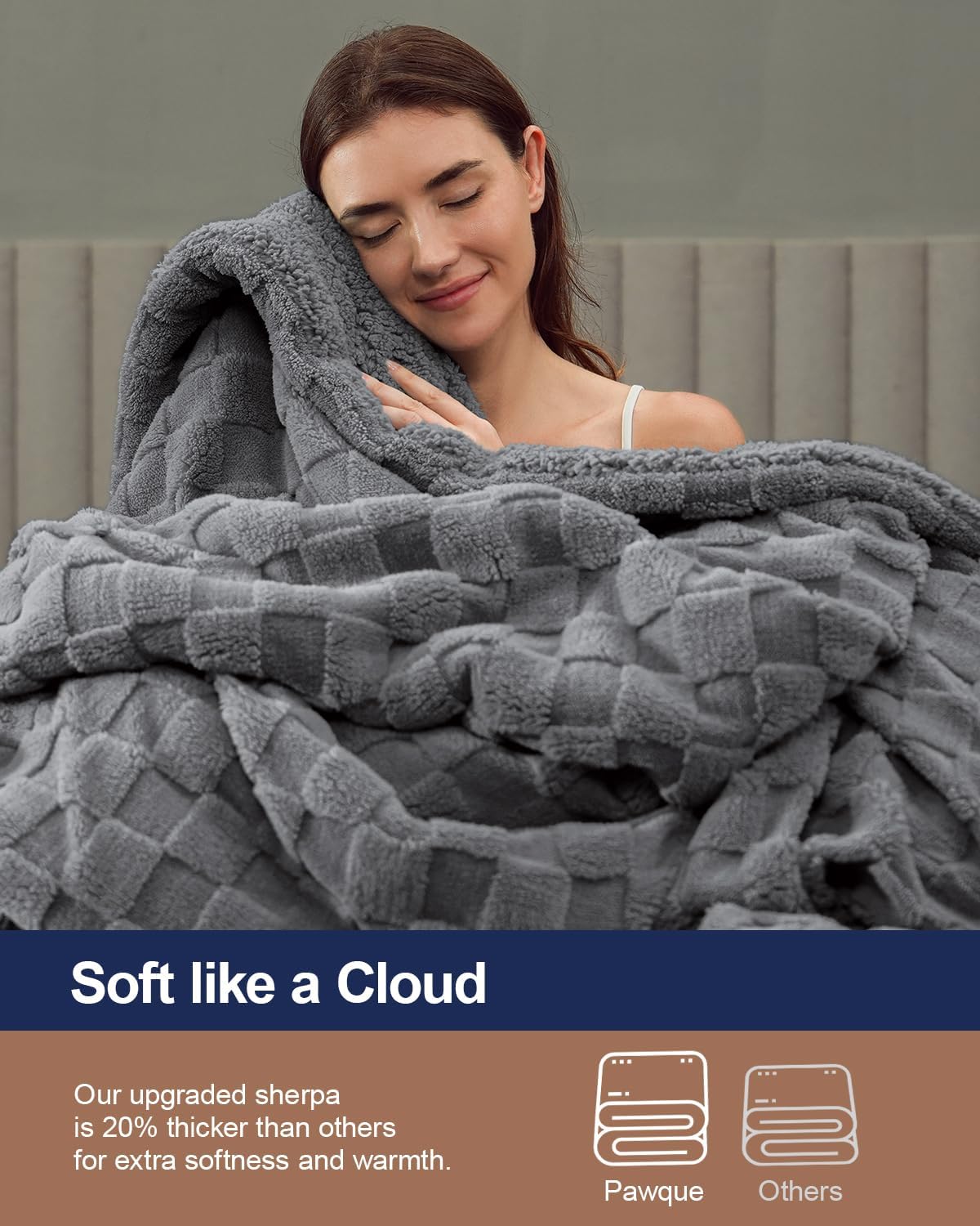 Pawque Super Soft Cozy Throw Blanket Queen Size for Couch Bed, Fluffy Sherpa Fleece Reversible Thick Warm Fuzzy Blanket for All-Season, 3D Checkered Jacquard Decorative Blankets, Grey, 90"x90"