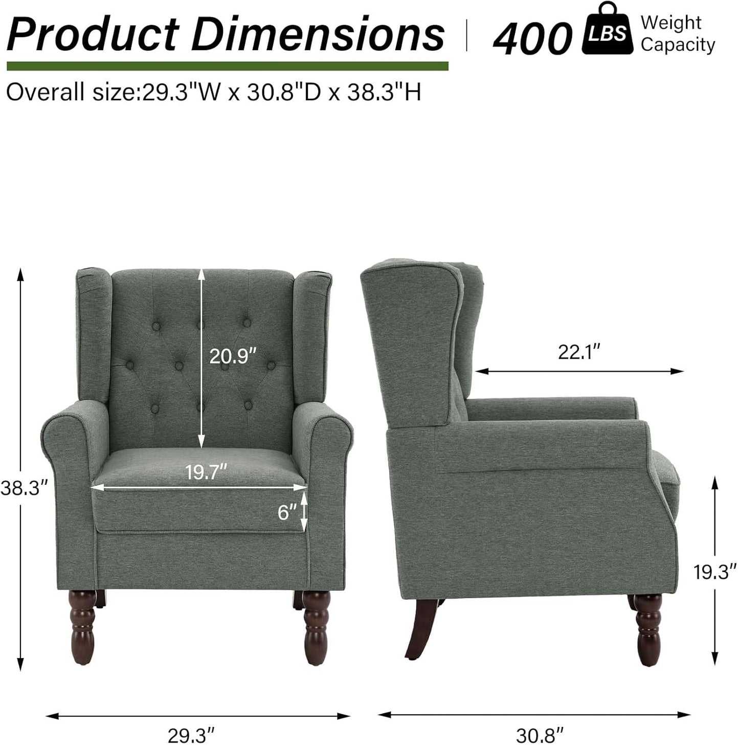 Accent Chair, Upholstered Armchair with Button Tufted High Back & Solid Wood Legs, Comfy Wingback Reading Single Sofa Chair for Small Spaces, Living Room, Bedroom (Grey, Set of 2)