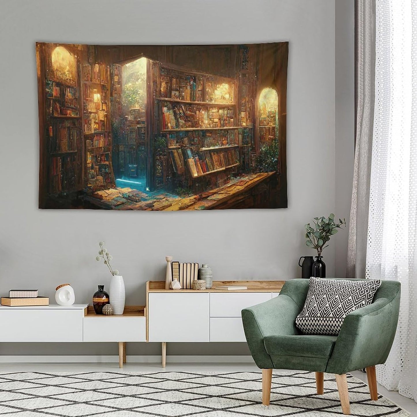 Kurtect Bookshelf Tapestry,Vintage Style Library Watercolor Art Theme Pattern Print Tapestries for Party Beach Picnic Blankets Tablecloths Living Room Wall Deocr, 60x90 in