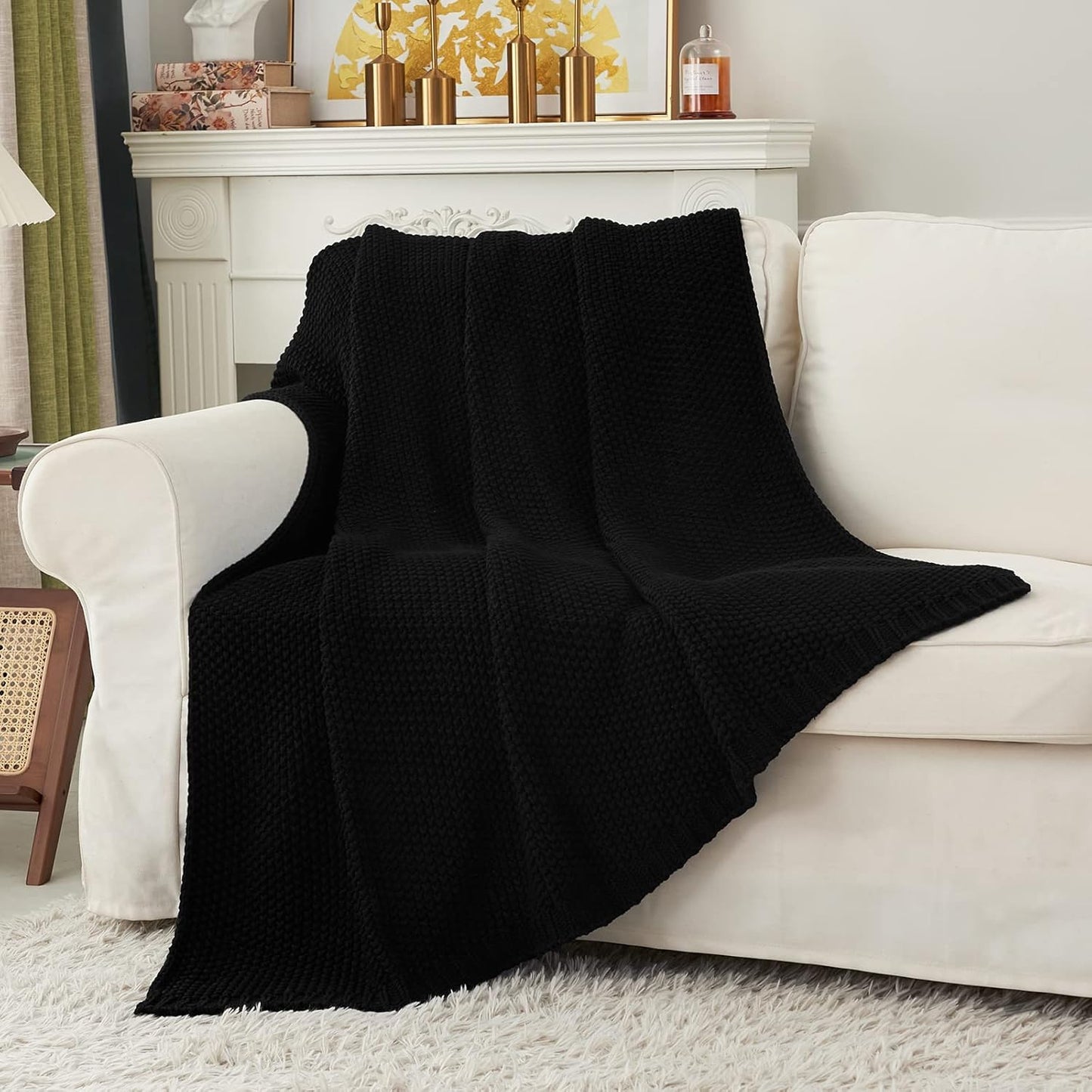 Longhui bedding Chunky Cable Knit Throw Blanket Lightweight Black 100% Organic Cotton Blanket for Sofa Couch Bed Baby Nursery, Rustic Shabby Chic Modern Farmhouse, 60” x 80” Give Laundering Bag