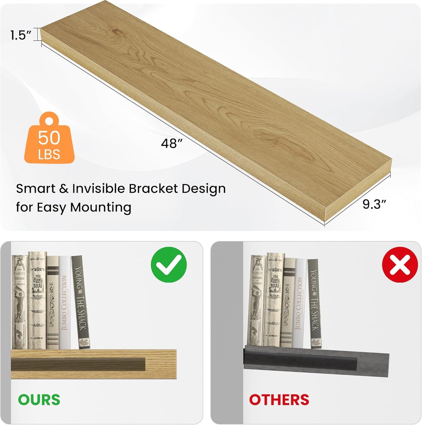 Floating Shelves for Wall, 48" W x 9.3" D x 1.5" H, Wooden Wall Mounted Display Shelves with Invisible Brackets for Living Room, Bedroom, Bathroom, Kitchen Decor and Storage, Set of 1, Oak