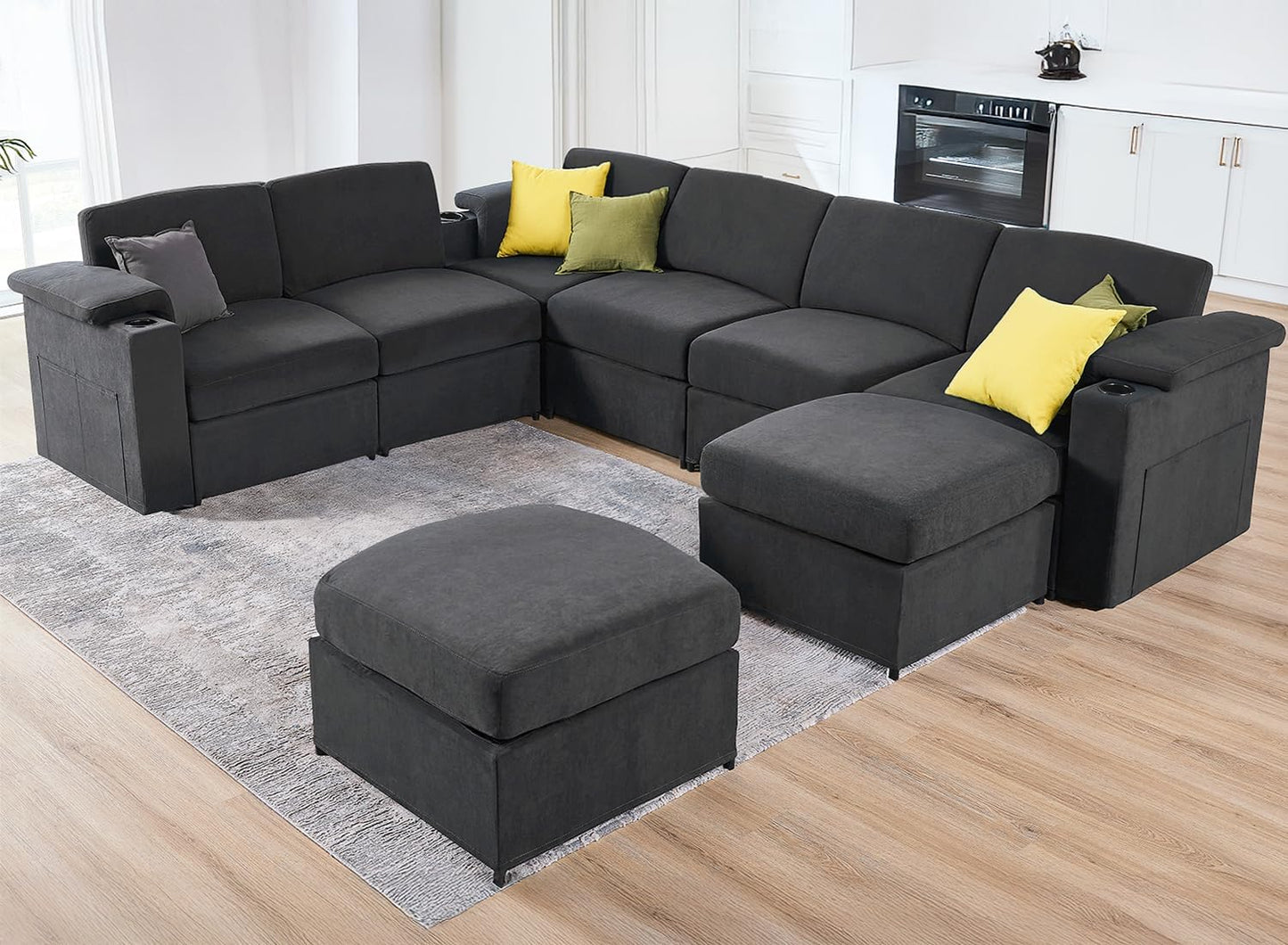 Modular Sectional Sofa Couches for Living Room Velvet Cloud Couch Oversized U Shaped Sectional Couch Convertible Sleeper Sofa Chaise Padded Armrests Cup Holder (Grey, 8 Seats)