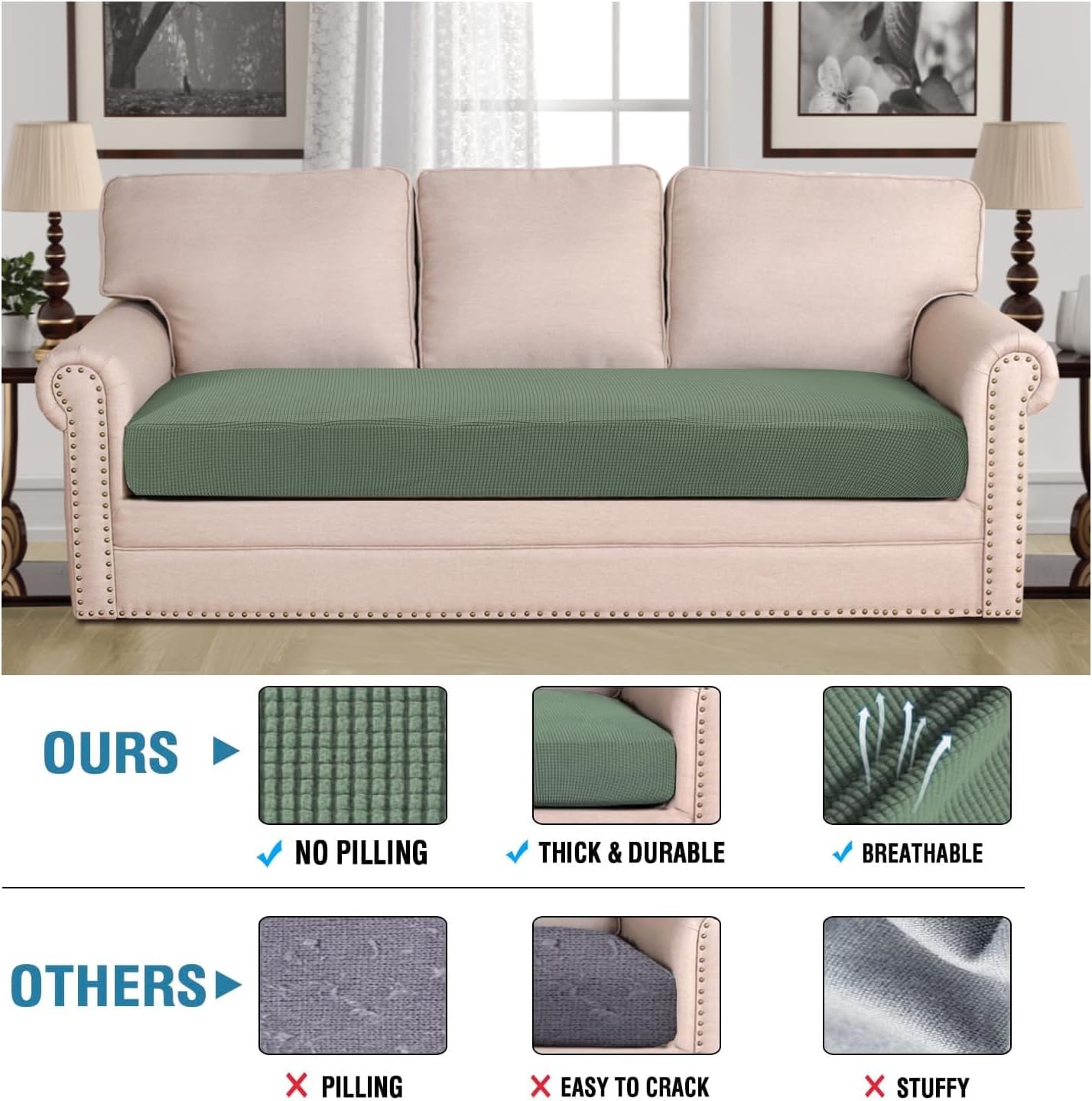 H.VERSAILTEX Super Stretch Individual Seat Cushion Covers Sofa Covers Couch Cushion Covers Slipcover Sets Thick Jacquard Textured Twill Fabric (1 Piece Sofa Cushion Cover, Loden Frost)