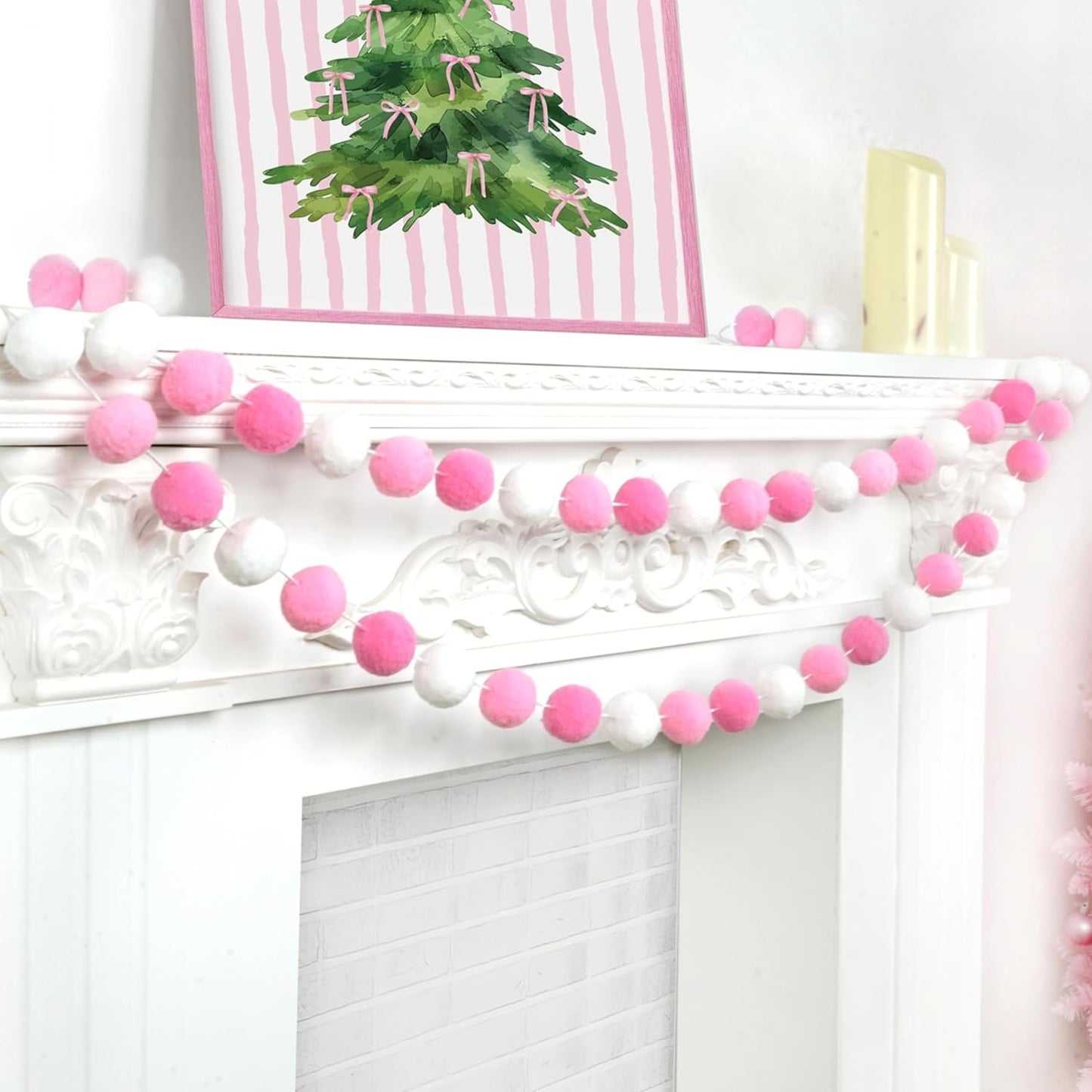XmasExp Pom Pom Garland Decorations - Large Pink Felt Ball Garland for Baby Shower, Gender Reveal, Mantle,Tree Ornaments, Kids Room and Party Hanging Decor,13 Ft. (Pink, 1.57")