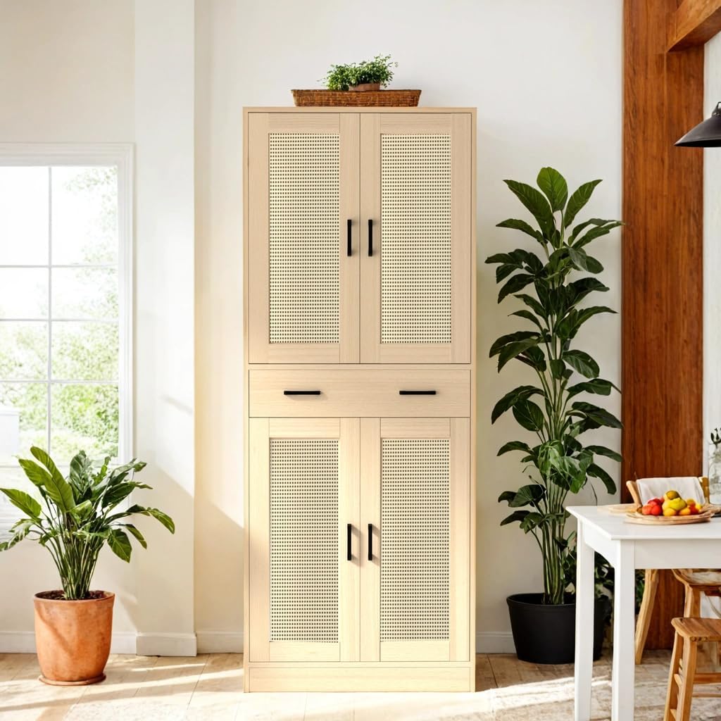 71" Tall Oak & Rattan Pantry Cabinet - Boho Chic Kitchen Storage with Doors & Drawer for Dining Room, Hallway or Kitchen Organization