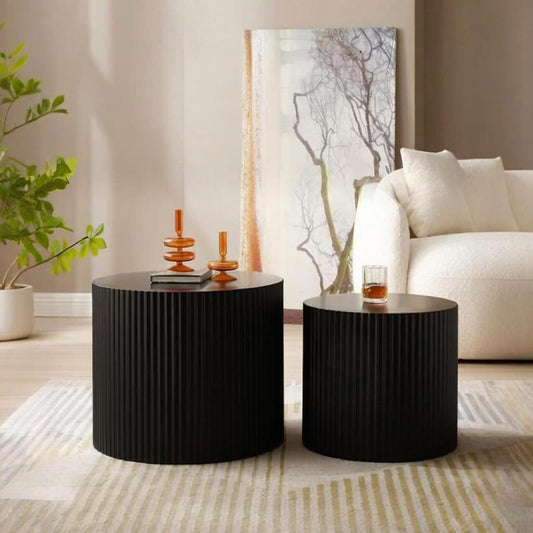 Round Nesting Coffee Table Set of 2 Modern Black Fluted Coffee Table Small Round End Table Side Table Circular Coffee Tables Circle Nested Coffee Tables for Living Room (Black Small)