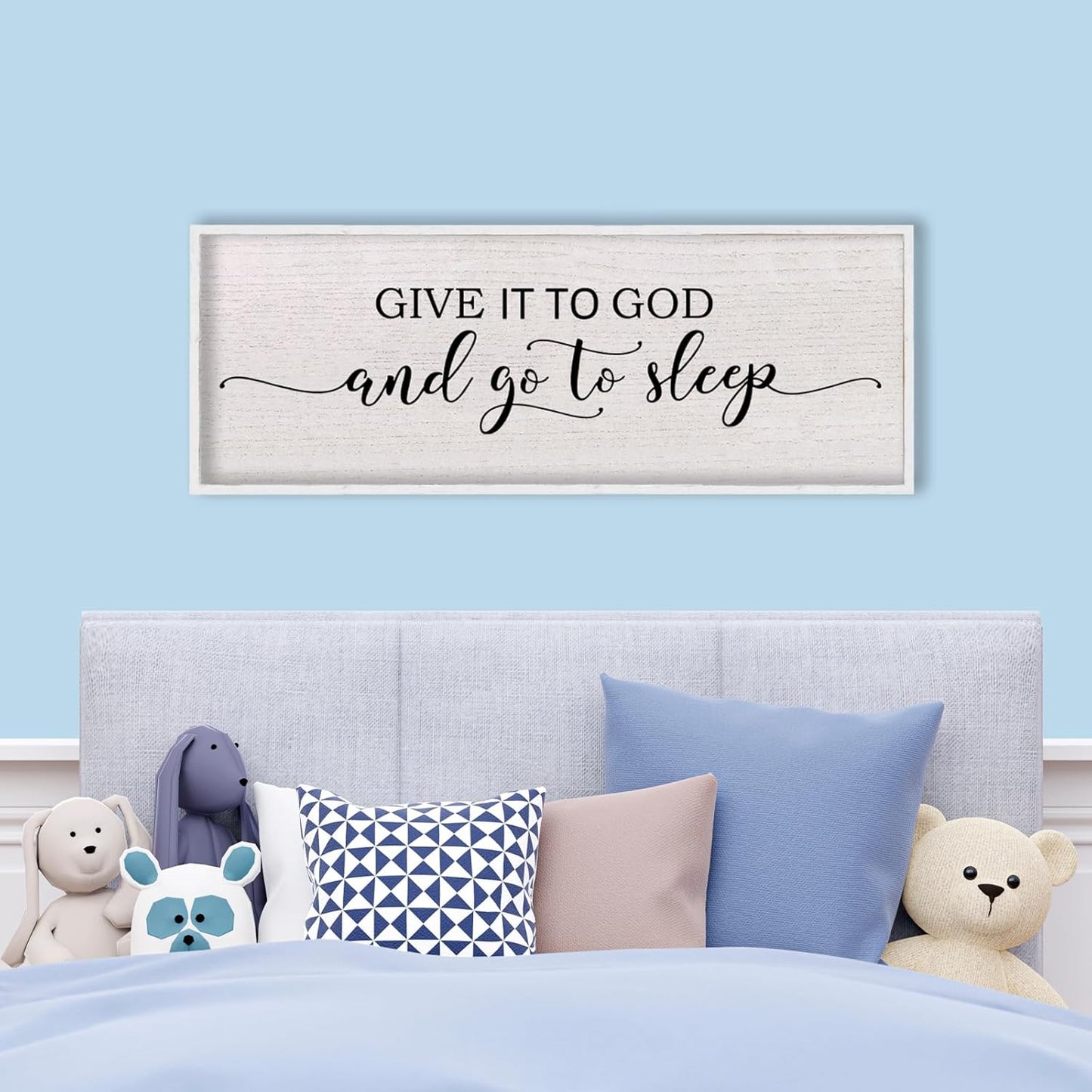 Give It To God And Go To Sleep Above Bed Wall Decor Sign 40"X15" Master Bedroom Over Bed Wall Wood Framed Art (White)