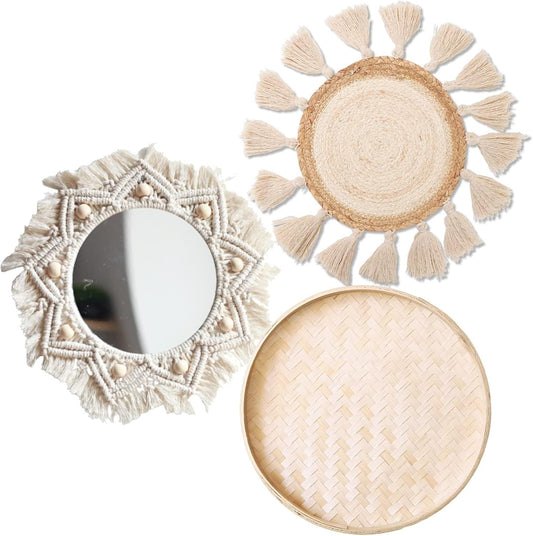 Boho Wall Basket Decor Set - Flat Woven Macrame Tapestry, Mirror White Round Tassels, Handmade Rattan Wicker Seagrass Wall Basket