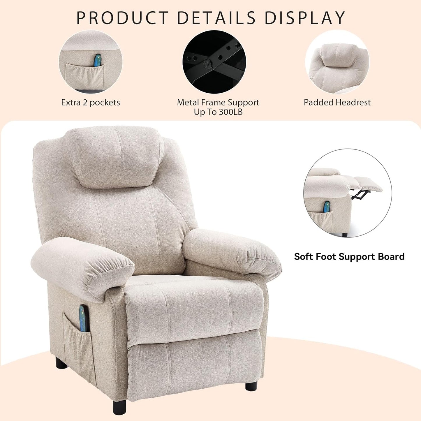 KCREAM Massage Chair Recliner with Heating,Recliner Chair for Adults,Small Recliners for Small Spaces Overstuffed Reclining Chairs Single Sofa Recliners with Side Pocket for Living Room,Fabric Beige