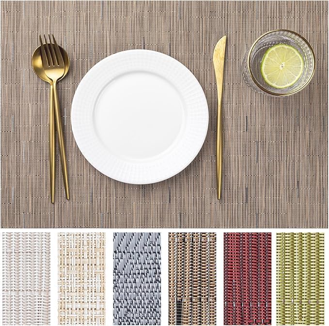 LEXMORE Placemats Set of 6 Vinyl/Plastic Woven Place Mats for Kitchen Table Indoor/Outdoor Washable Placemat Wipeable Dining Table Mats(Light Brown)