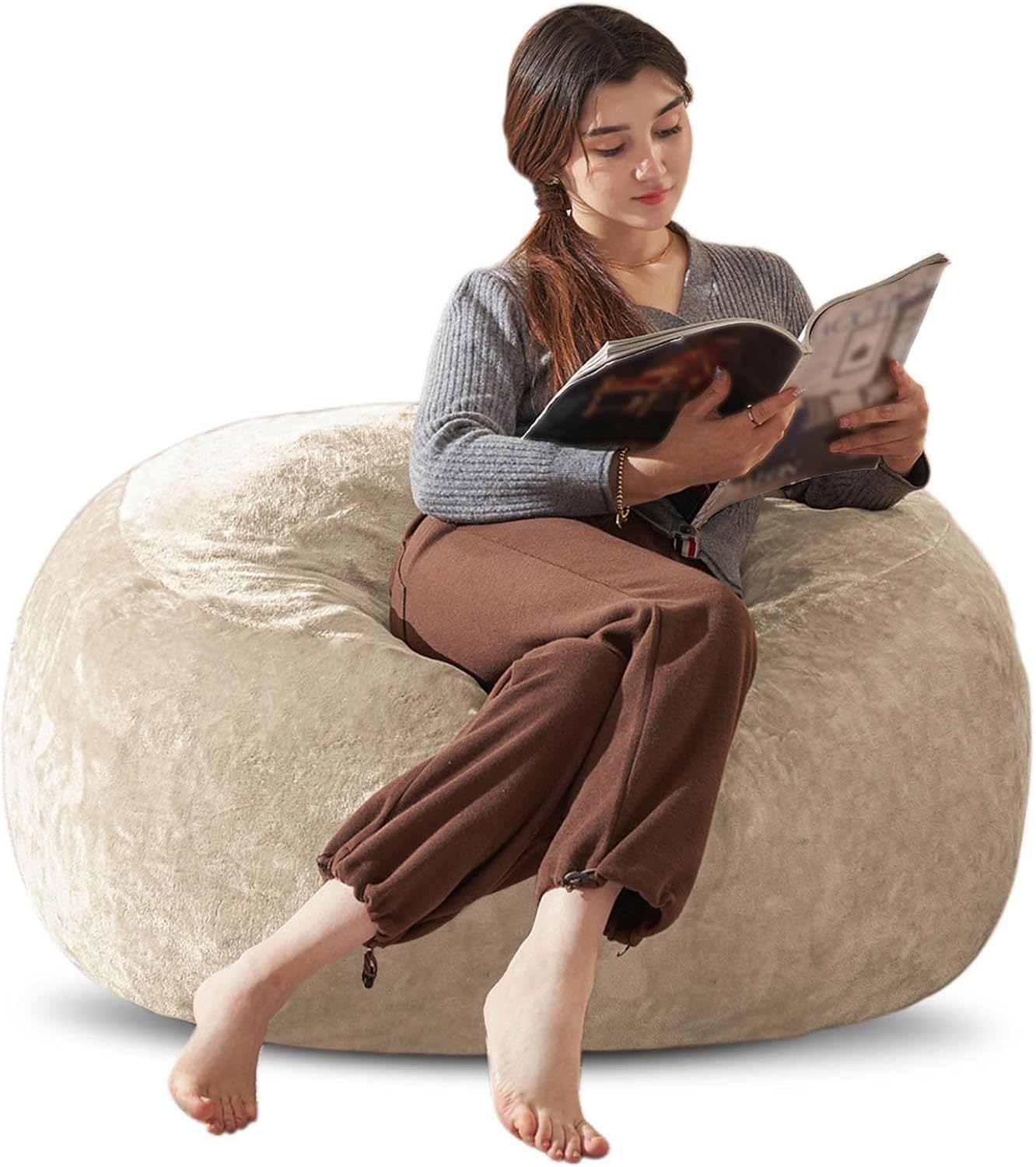 Bean Bag Chair 3Ft, Memory Foam Filled, Large Beanbag Chairs for Adults and Teens, Soft Sofa with Removable Flannel Cover, Round Couch for Living Room Bedroom College Dorm (Apricot, 3FT-36×36"×24")