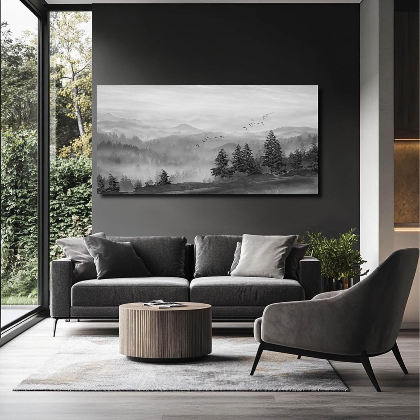 SOUGUAN Grey Pictures Wall Decor Forest Artwork Mountain Canvas Painting Landscape Wall Art Prints for Living Room Bedroom Home Hanging Decor 24x48 Inch