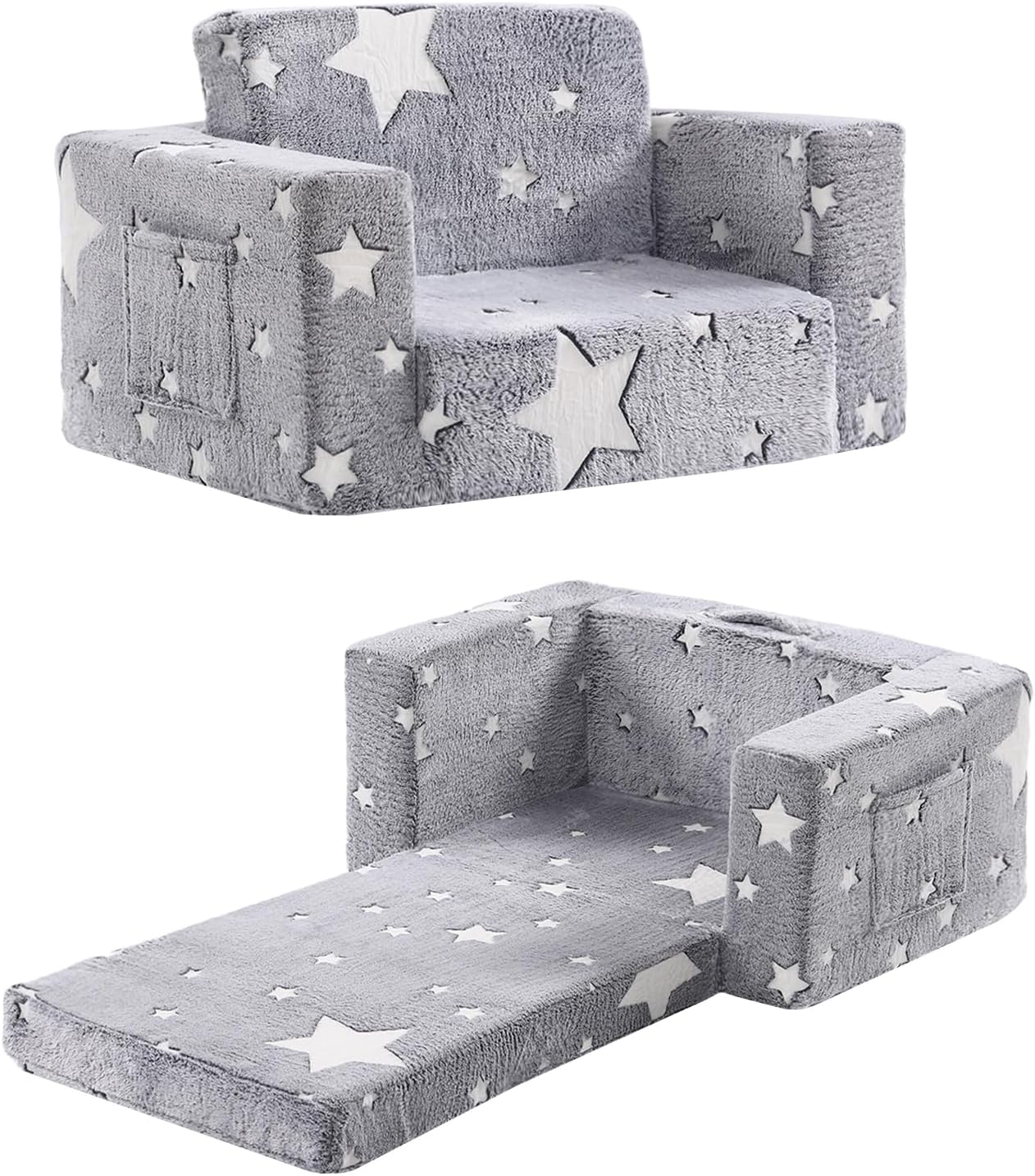 Toddler Chair Plush Kids Couch, 2-in-1 Comfy Armchair Removable and Washable Cover Carrying Handle, Convertible Reading Chair Toddler Couch for Girls and Boys, Glow in The Dark Grey Star