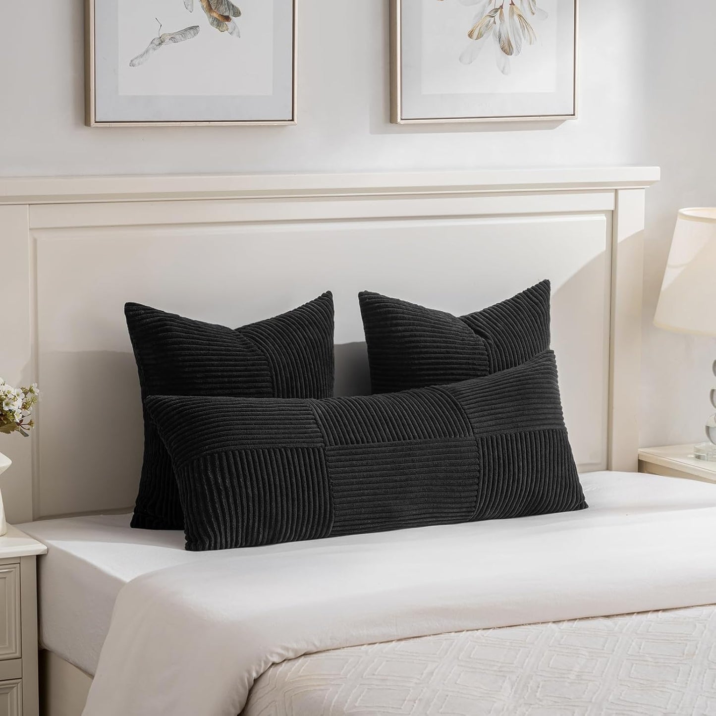 Fancy Homi Set of 2 Black Boho Long Lumbar Body Decorative Throw Pillow Cover 14x36 Inch for Bed Couch Bedroom Bench, Soft Patchwork Corduroy Textured Pillow Case, Rustic Farmhouse Room Décor