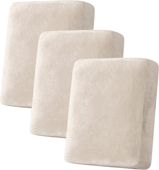 H.VERSAILTEX Velvet Stretch Couch Cushion Cover Plush Cushion Slipcover for Chair Loveseat Sofa Cushion Furniture Protector Seat Cushion Sofa Cover (3 Piece Sofa Cushion Covers, Ivory)
