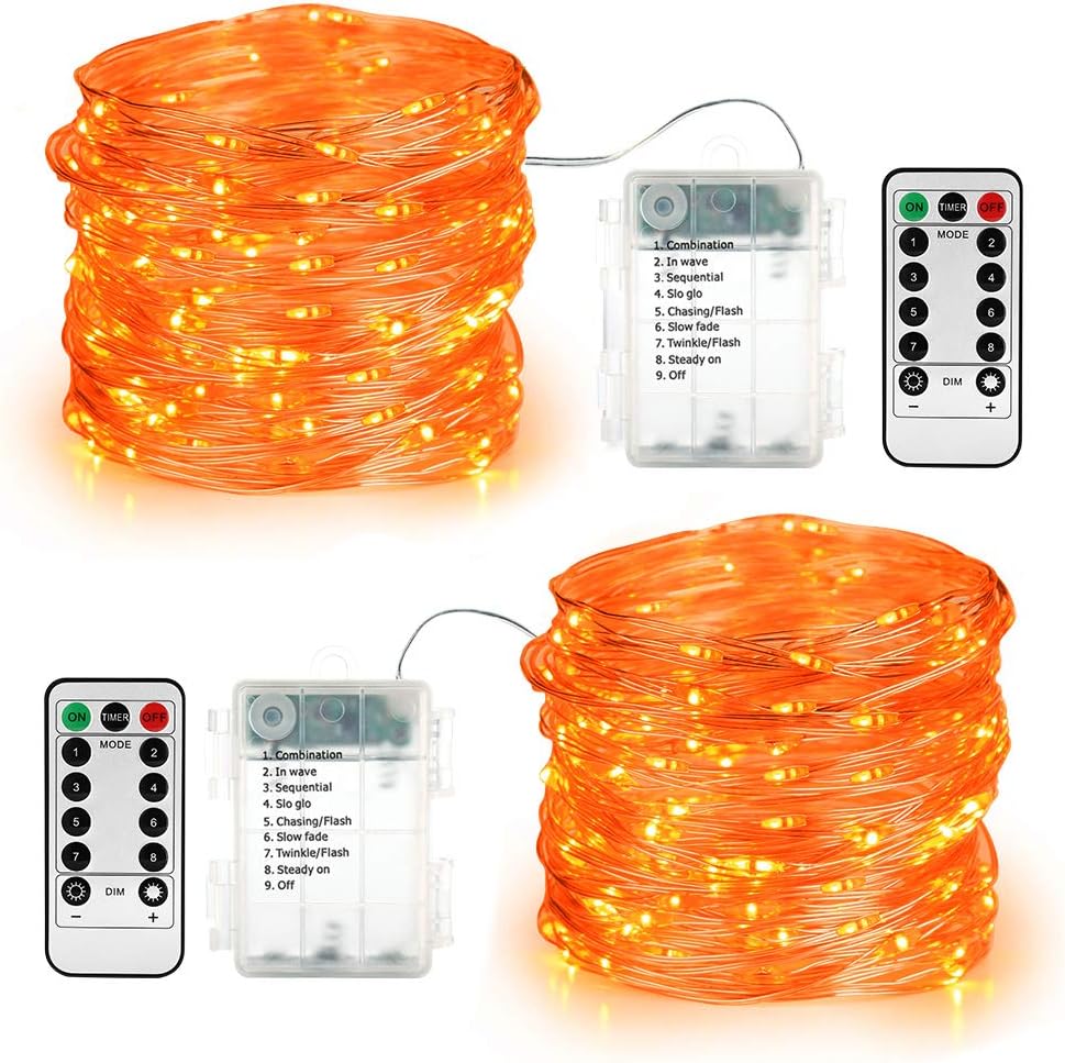 BrizLabs Orange Fairy Lights, 19.47ft 60 LED Orange Halloween String Lights, 8 Modes Battery Fairy Light with Remote, Indoor Outdoor Starry Twinkle Light for DIY Home Bedroom Patio Holiday Party Decor