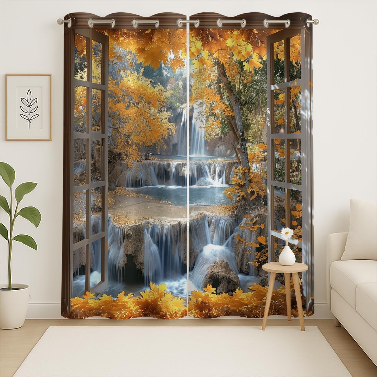 Landscape Blackout Curtains for Girls Boys Teens Home Decor, Nature 3D Autumn Fall Forest Maples Grommet Thermal Insulated Drapes Darkening Window Curtain for Bedroom Living Room, 63 x 63 Inch