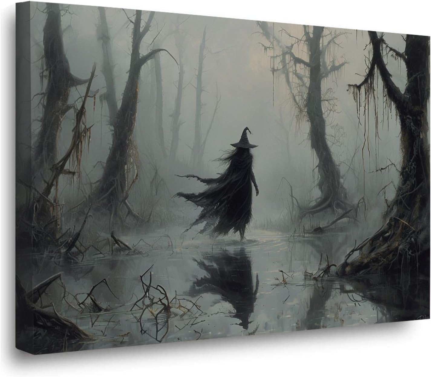Vintage rustic swamp witch poster dark moody wall art gothic horror season halloween print for home decor retro dark moody painting24x36in Wood Framed
