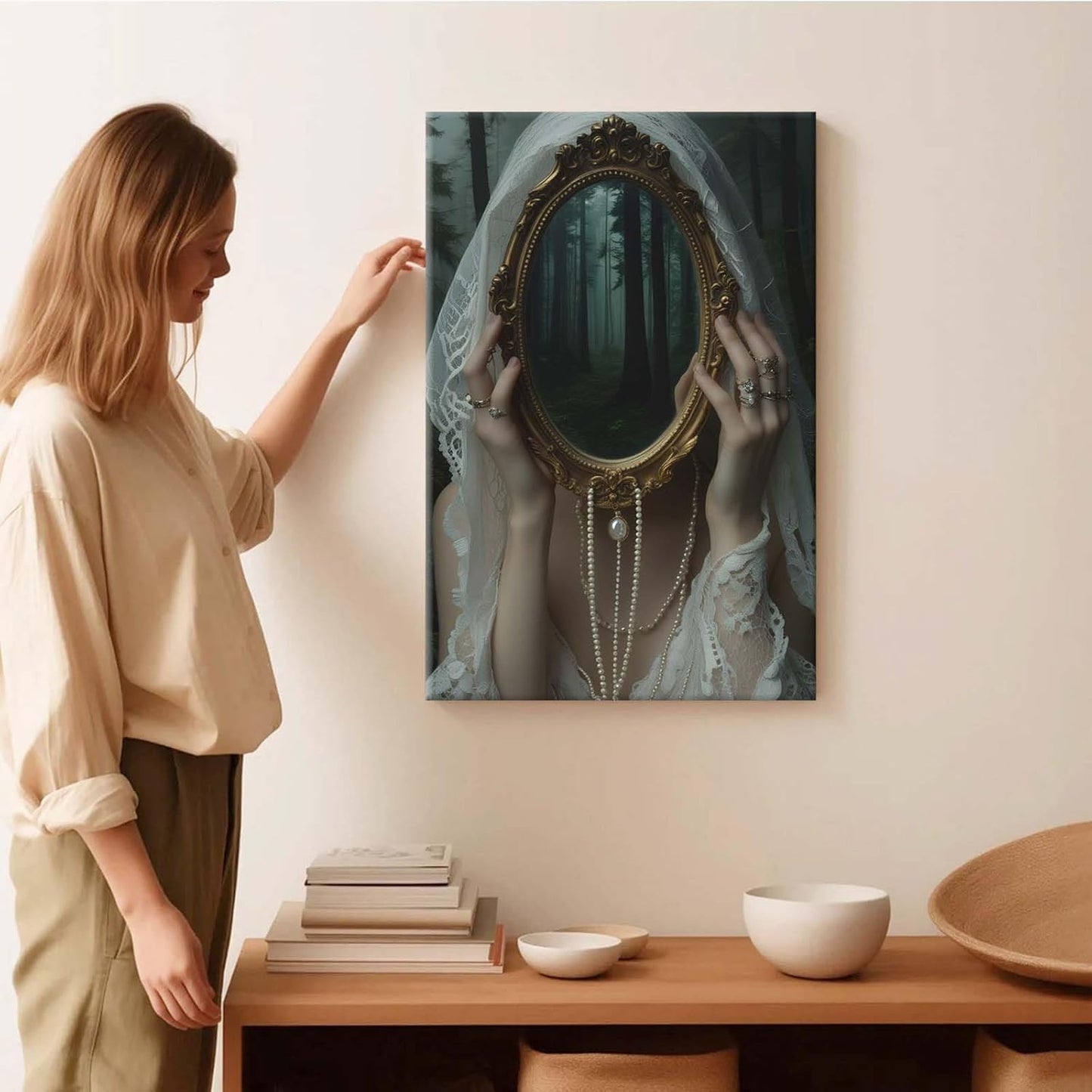 Mirror face covering dark art poster print melancholy gothic painting vintage feminine print victorian style decoration antique art24x36in Wood Framed