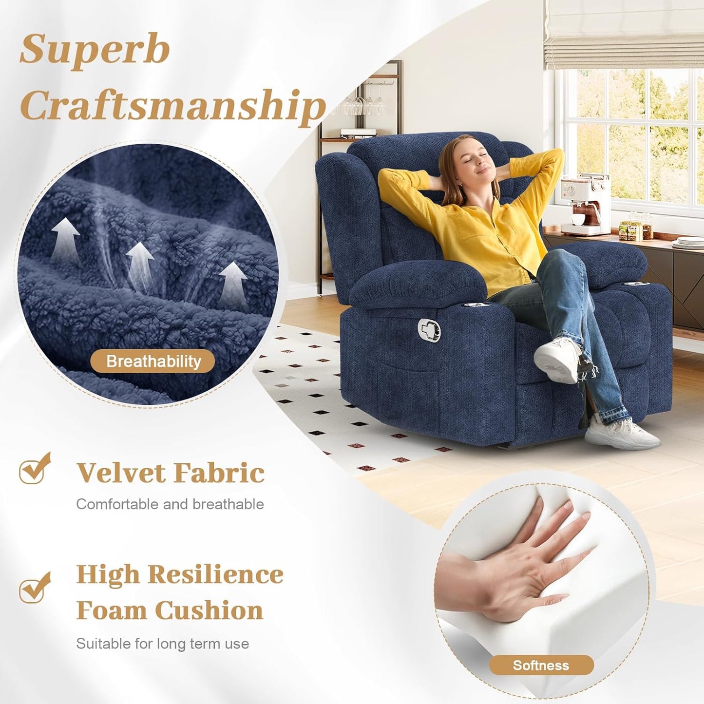 Recliner Chair for Adults, Oversized Fabric Manual Pull Tab Reclining Chair with Cup Holders, Minimalist Style Single Sofa for Living Room, RV (Blue)