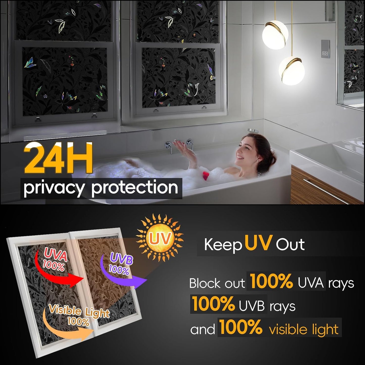 Total Blackout Privacy Film Radiance with Tools - Room Darkening Window Tint in Static Cling - Black Out Window Replacement - 23.6" x 78.74" (4 Pack)