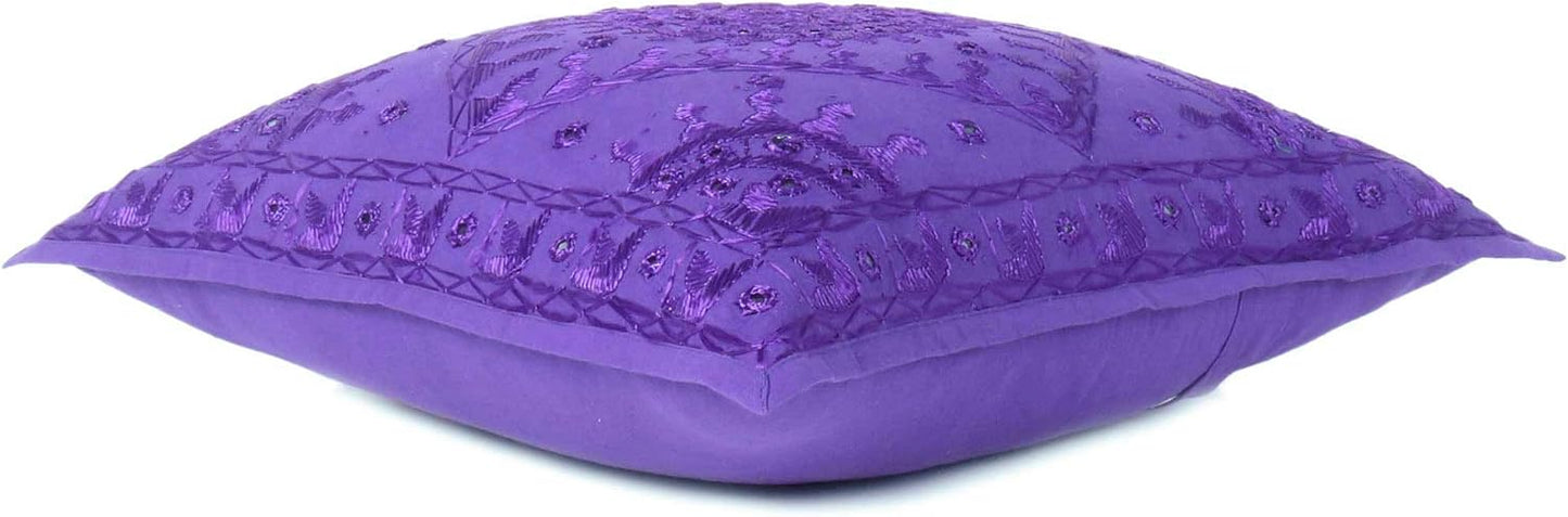Eyes of India Embroidered Decorative Boho Throw Pillow Cover with Mirrors, Handmade Bohemian Accent Cushion Case for Sofa Couch Bedroom Living Room (Purple, 16" x 16")