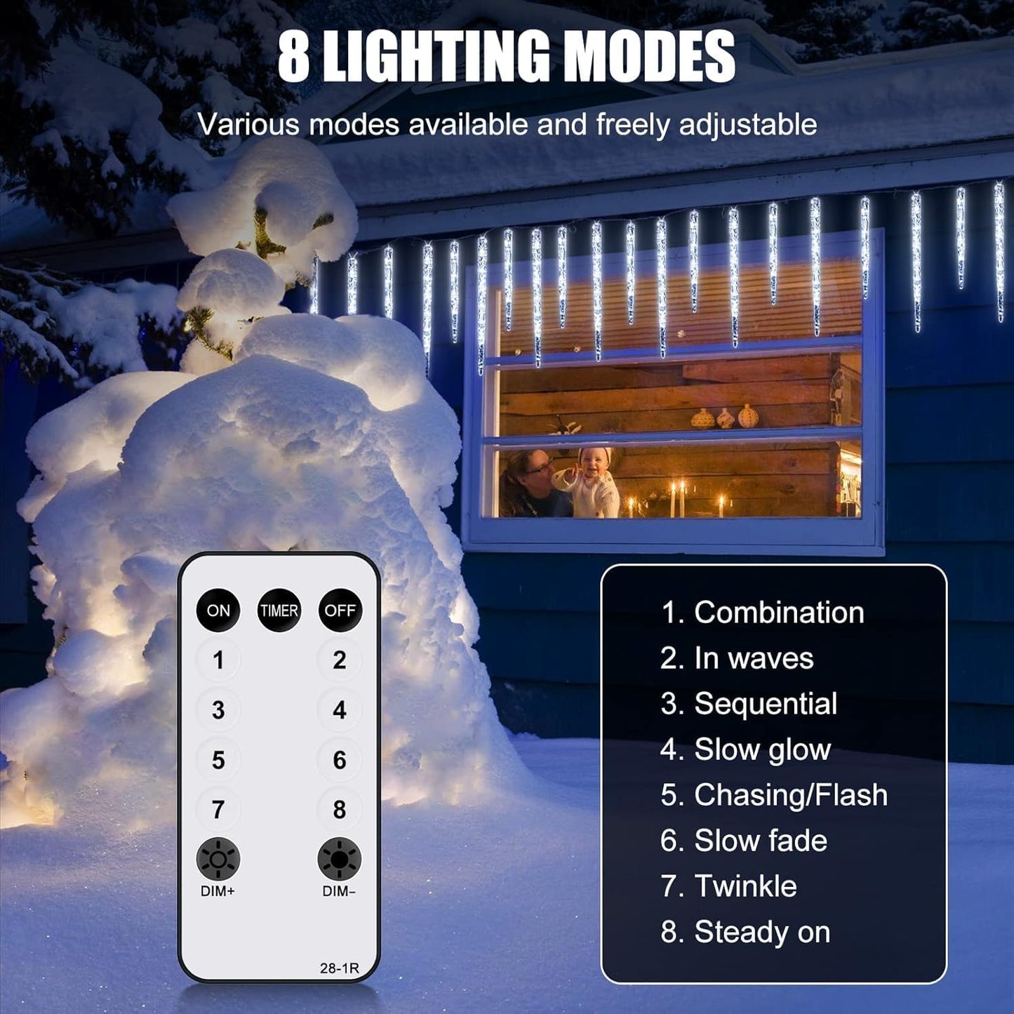 Icicle Lights for Outside with Remote, 20ft 100 LED 20 Tubes Connectable Ice Shape Hanging Christmas Lights for Tree Patio Roof Holiday Decor, Blue and White