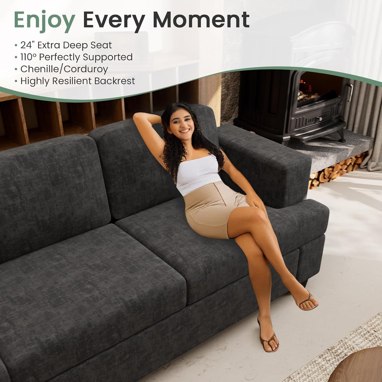 Sofa Couch, 3 Piece Set Comfy Sofa, 2 Loveseat & 3 Seater Sofa with Deep Seats for Living Room, Modern Sleeper Couch, Dark Grey Chenille