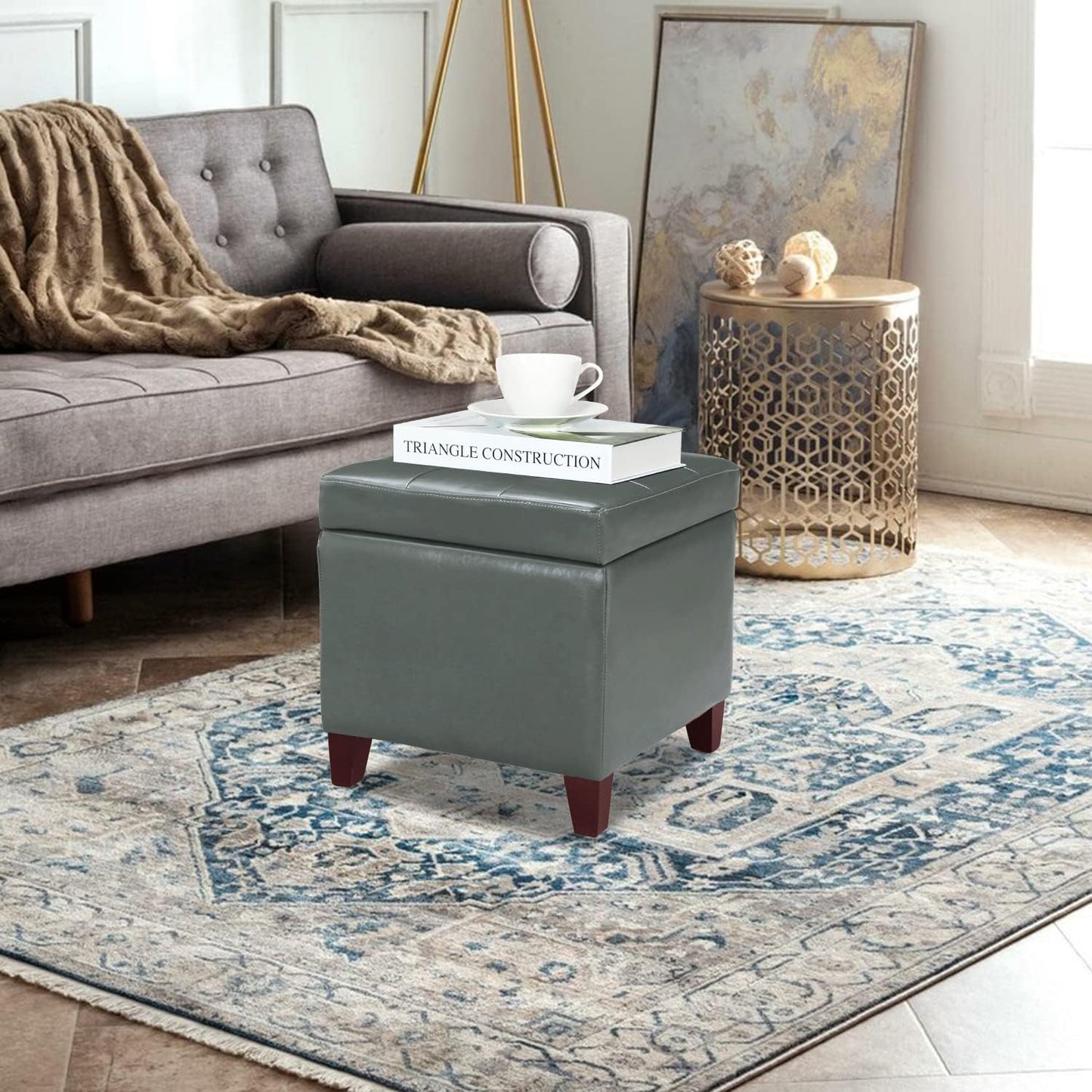 Adeco Bonded Leather Square Tufted Cubic Cube Footstool, 18" Height Storage Ottomans, with Lid, Cement Grey