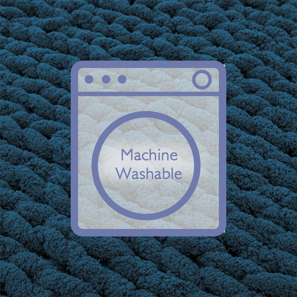 Bigacogo Chunky Knit Throw Blanket for Couch, 40x40 inches, 100% Hand Knitted with Thick Jumbo Chenille Yarn, Cozy Soft Large Rope Knot Cable Crochet Blankets for Sofa Bed Living Room, Deep Sea Blue