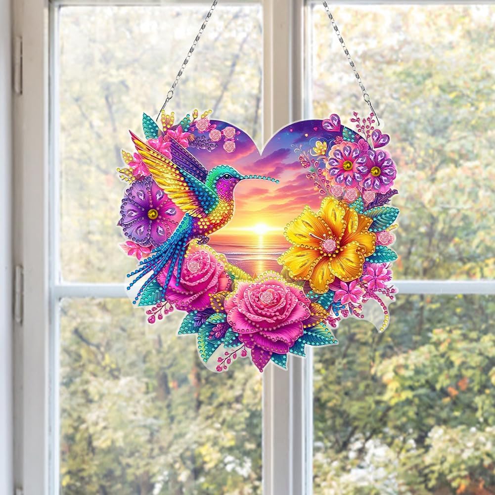 Flowers Hummingbird Diamond Art Kits,5D Diamond Hanging Ornament Kits,DIY Special Shaped Diamond Dot Kits,Home Porch Crystal Hanging Pendant Ornament (Colorful2)