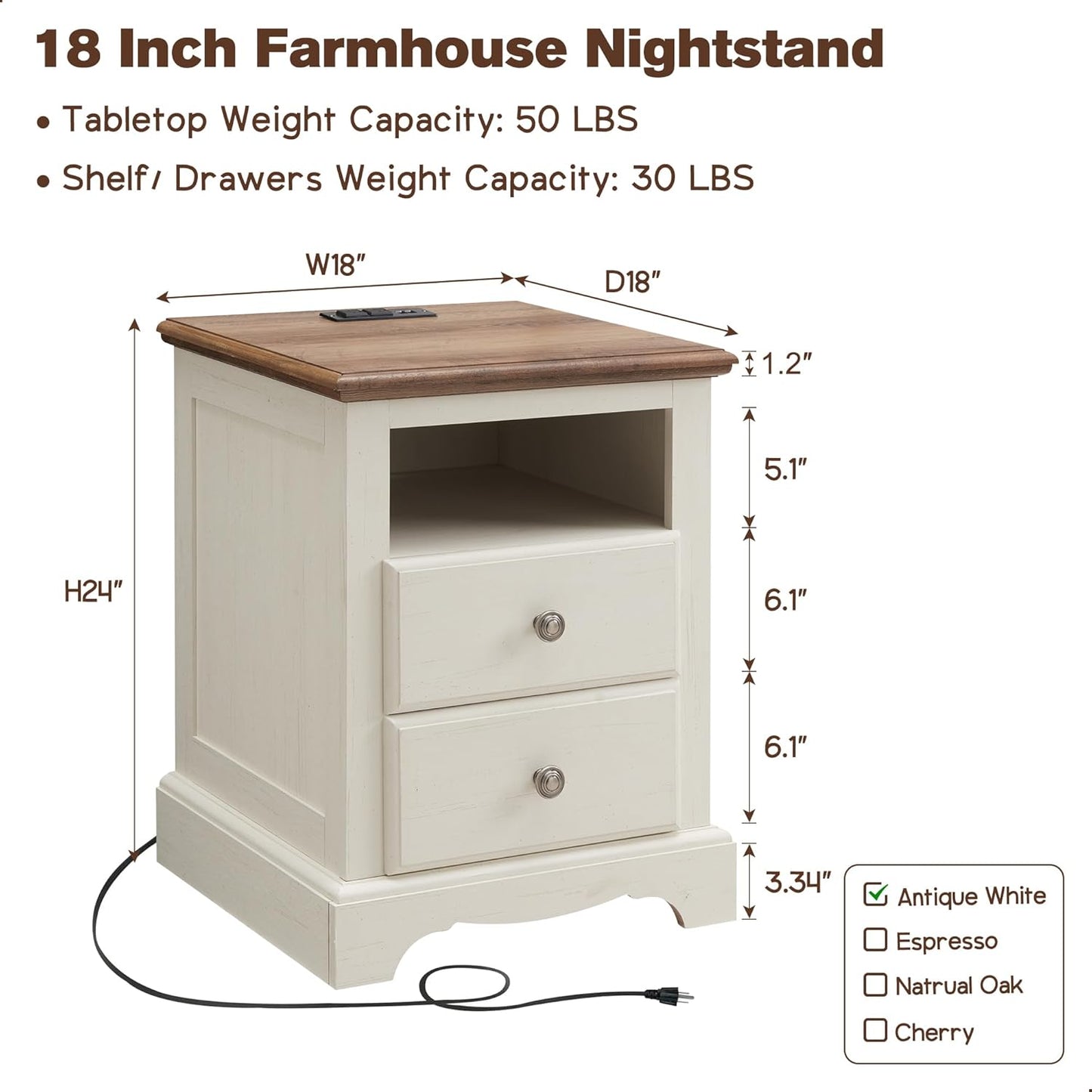 T4TREAM Nightstand with Charging Station, 18 Inch Vintage End Table with 2 Drawers, Wood Rustic Sofa Side Table with Open Storage Shelf for Bedroom, Living Room, Antique White