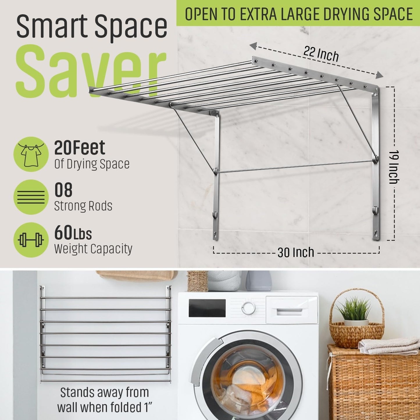 Smartsome | Wall Mounted | Clothes Drying Rack | 30" Wide | 20 Linear Feet Capacity | 8 Smooth Round Stainless Steel Rods | 60 lb Capacity | Fully Assembled | Compact Sturdy Space-Saving Design