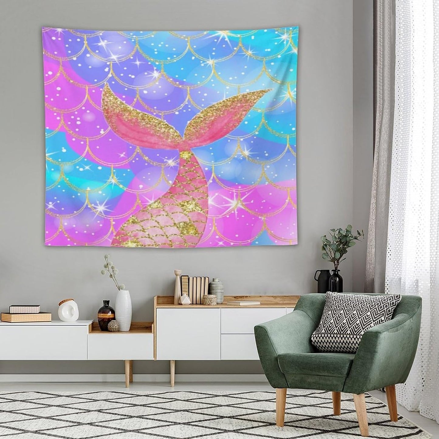 HZOHNAGO Mermaid Scales Tapestry Colorful Shiny Scales Mermaid Tail Pattern Printed Wall Tapestry Wall Hanging for Bedroom Living Room Dorm 60" W x 50" H