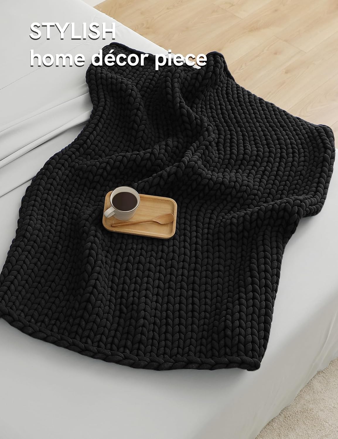 YnM Chunky Throw Blanket, Medium-Weight, Hand Knitted, Skin Friendly, Ventilated and Breathable, Machine Washable, Home Décor Piece for Couch, Sofa and Bed (Black, 60x80 Inch)