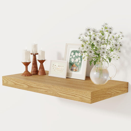 12 Inch Deep Floating Shelves, 24 x 12 Floating Shelf for Books, Rustic Wood Deep Wall Shelves for Home Storage & Display, 2" Thicked Shelves for Kitchen, Living Room, Bedroom, Oak Color, 1 Pack