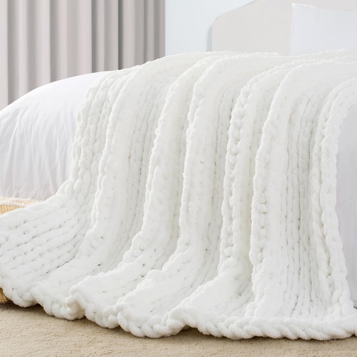 Carriediosa Chunky Knit Throw Blanket 50" X 60", 100% Hand Made Large Chenille Loop Yarn Soft Fluffy Throws for Couch Sofa Bed, Big Crochet Cozy Heavy Thick Cable Woven Blankets, Snow White