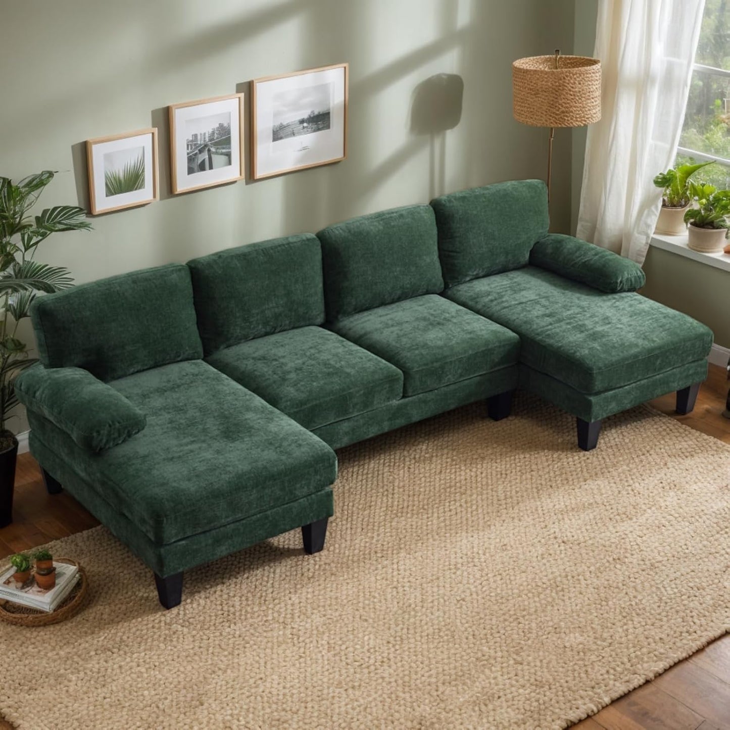 Karl home U-Shape Sectional Sofa Couch 111" Modern 4-Seat Sofa with Chaises Chenille Fabric Upholstered Covertible Couch with Wood Grain Legs for Living Room, Reception Room, Apartment, Green