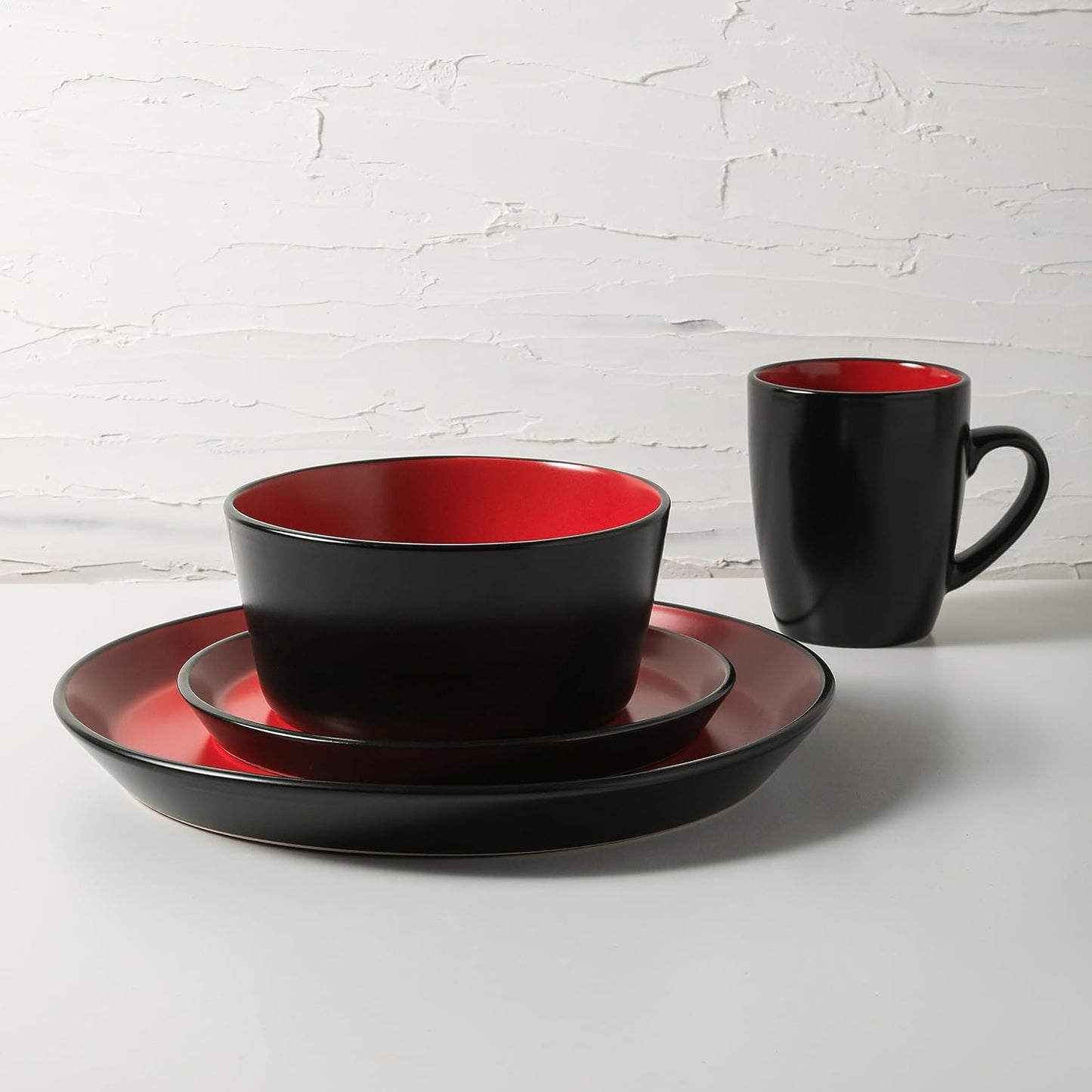 Stone Lain Albie Stoneware 32 Piece Dinnerware Set, Plates and Bowls Sets, Dish Set for 8, Red and Black, Microwave & Dishwasher Safe