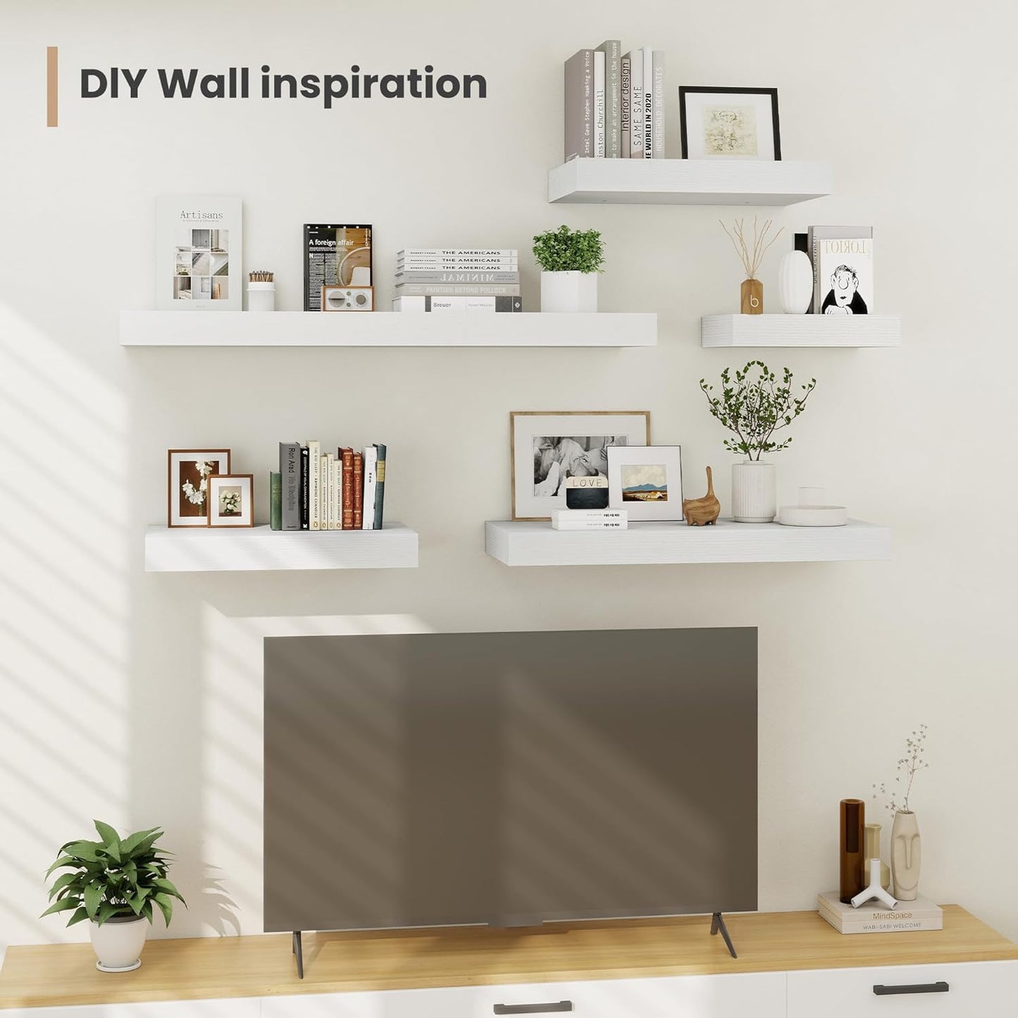 Heimlove 12 Inch Deep Floating Shelves, 12 x 12 inches Long Wall Shelf, Large Extra Display Shelf & Storage Shelf, Rustic Wood Wall Shelves for Fireplace Mantel, White - 2Pack