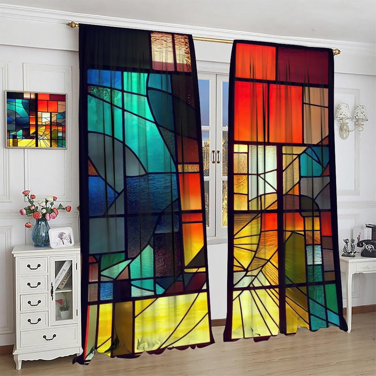 Stained Glass Curtains,Retro Abstract Colorful Geometry Textures Art Home Decor Drapes for Bedroom Living Room Kitchen Window Treatment 2 Panels Set Total Size 63" W X 72" L Inch