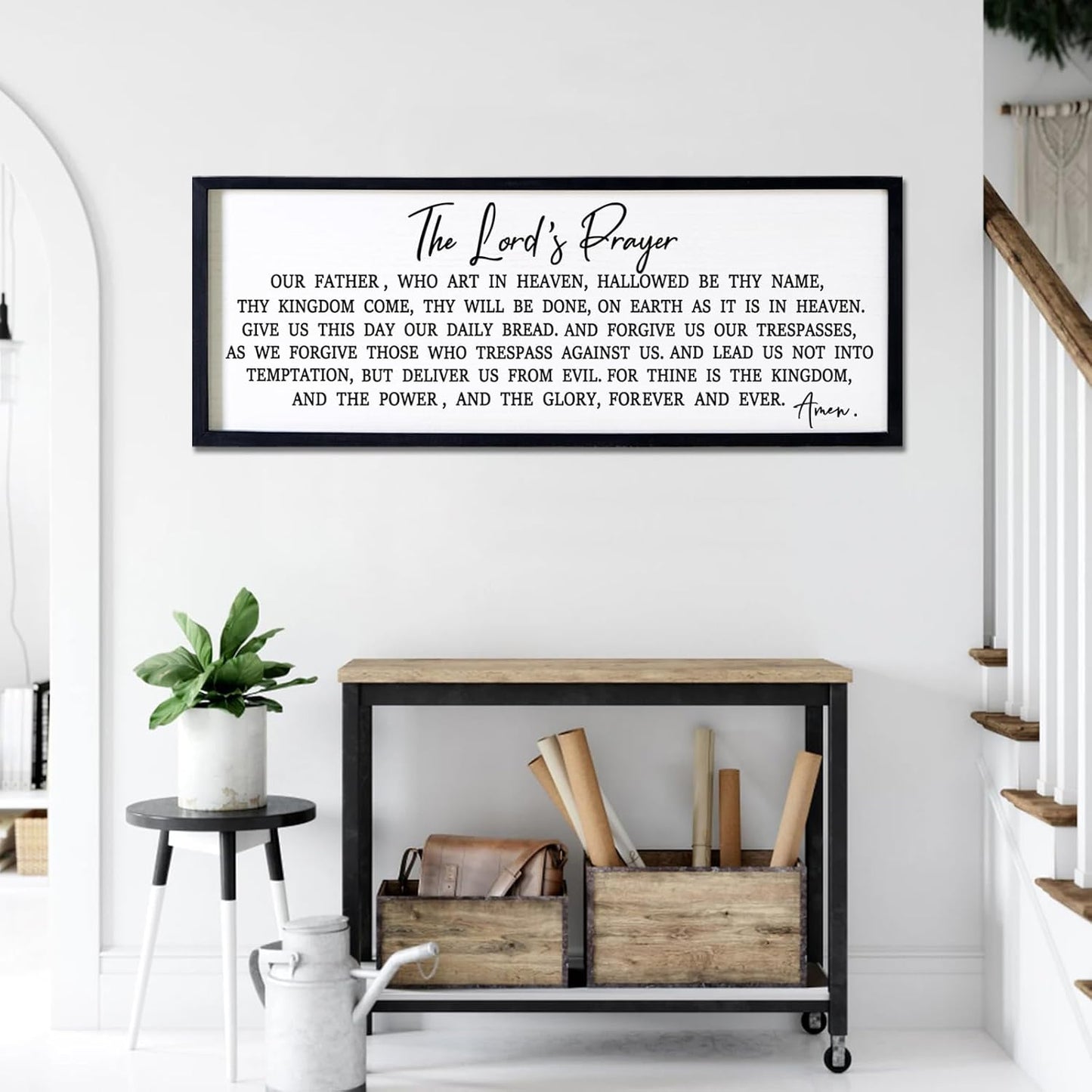 Our Father Prayer Bible Verse Framed Wall Art, 40''×15'' Rustic Religious Christian Lords Prayer Sign for God Jesus Christ Prayer, Horizontal Holy Inspirational Catholic Scripture Decor
