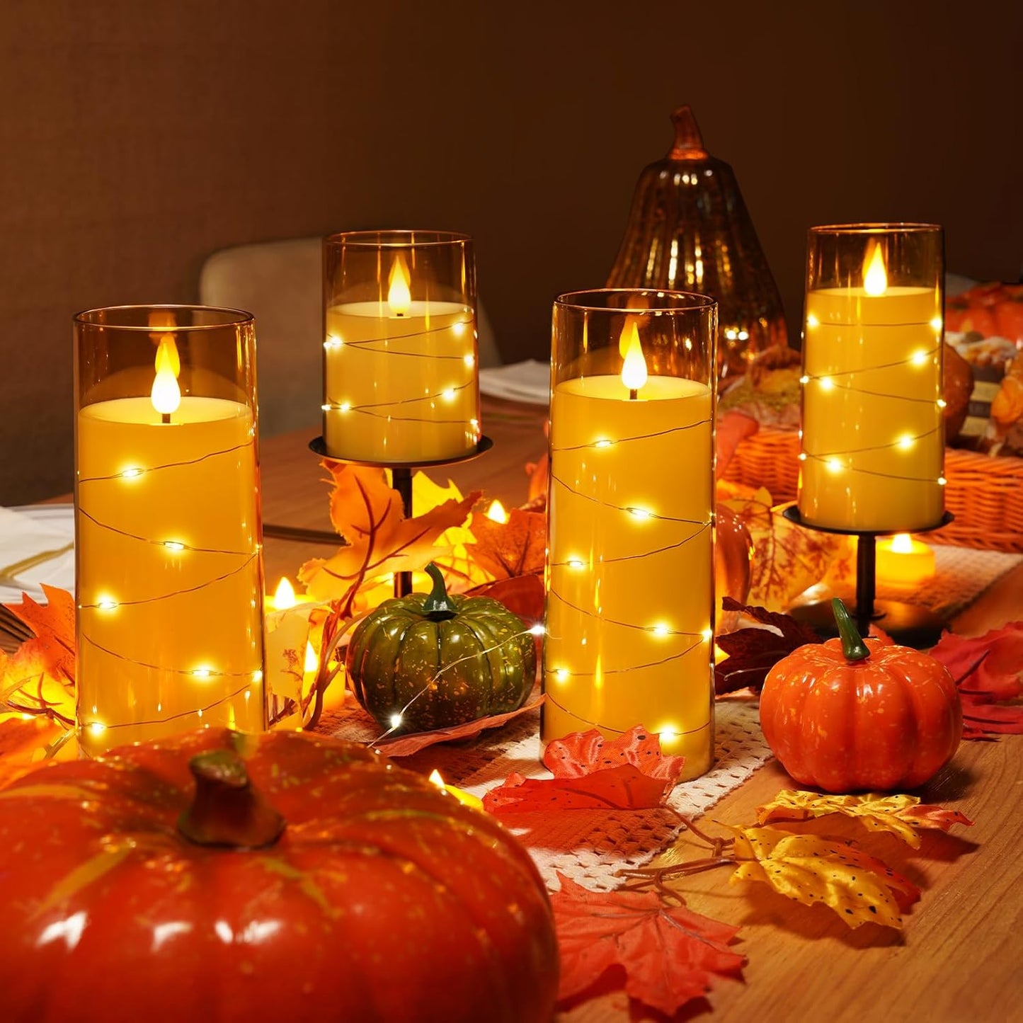 Homemory 9 Pcs Flameless Candles with Embedded Star String Fairy Lights, Battery Operated Candles, LED Candle, Fake Candles with Remote Control and Timer (Gold)